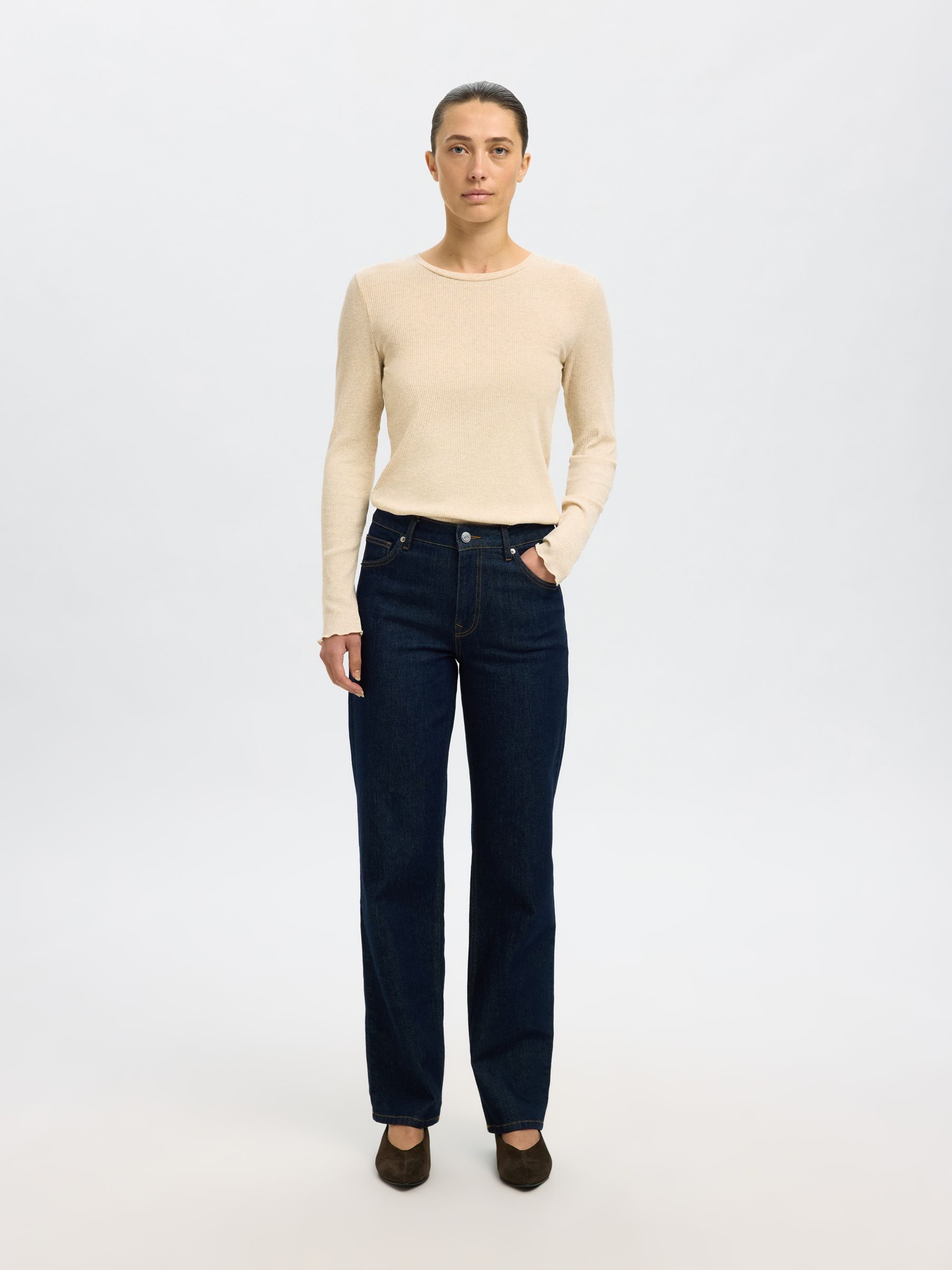 RIBBED LONG SLEEVED TOP, Oatmeal, highres