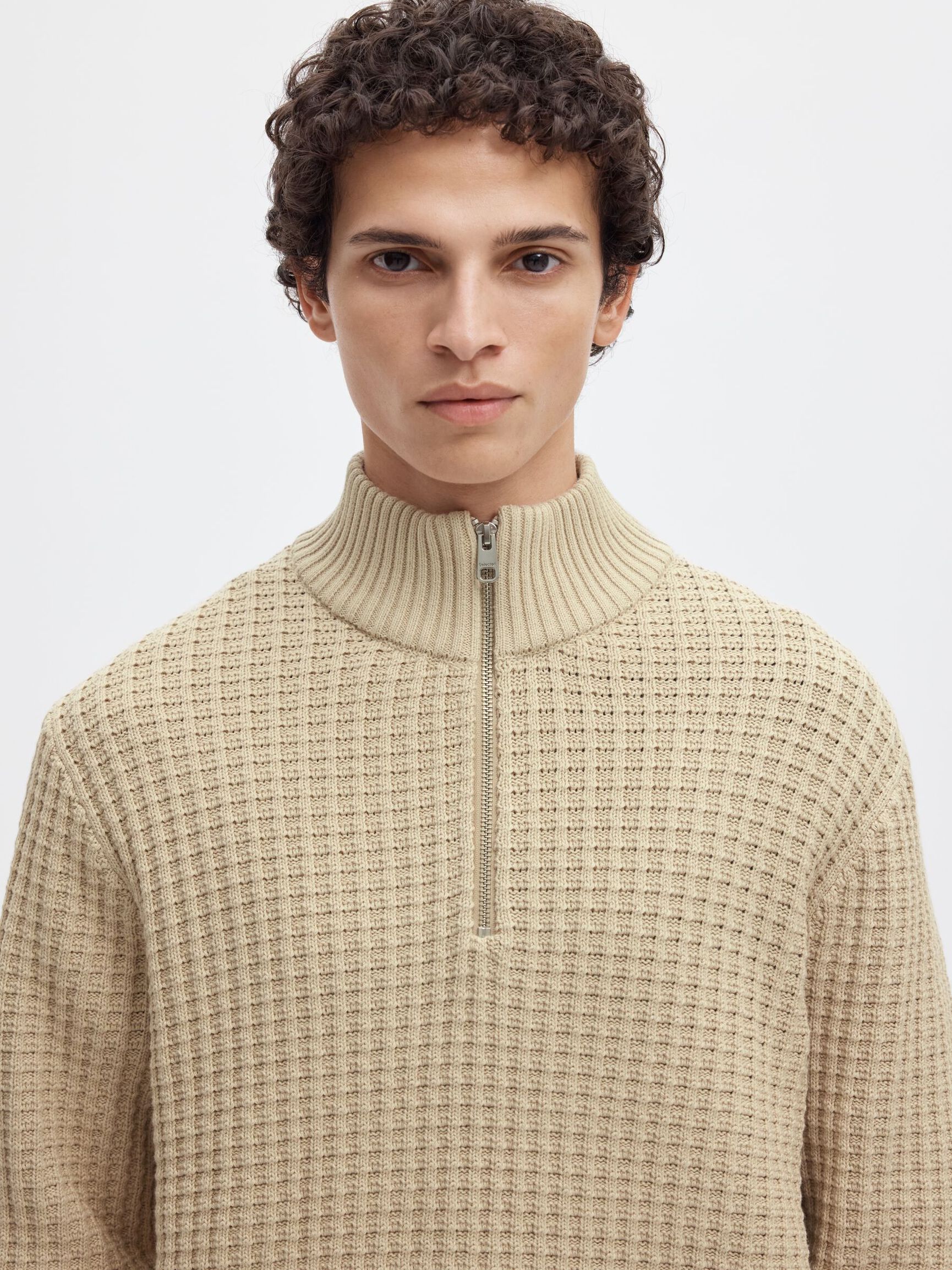 ORGANIC COTTON HALF-ZIP JUMPER, Oatmeal, highres