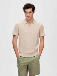 KNITTED POLO SHIRT, Oatmeal, highres