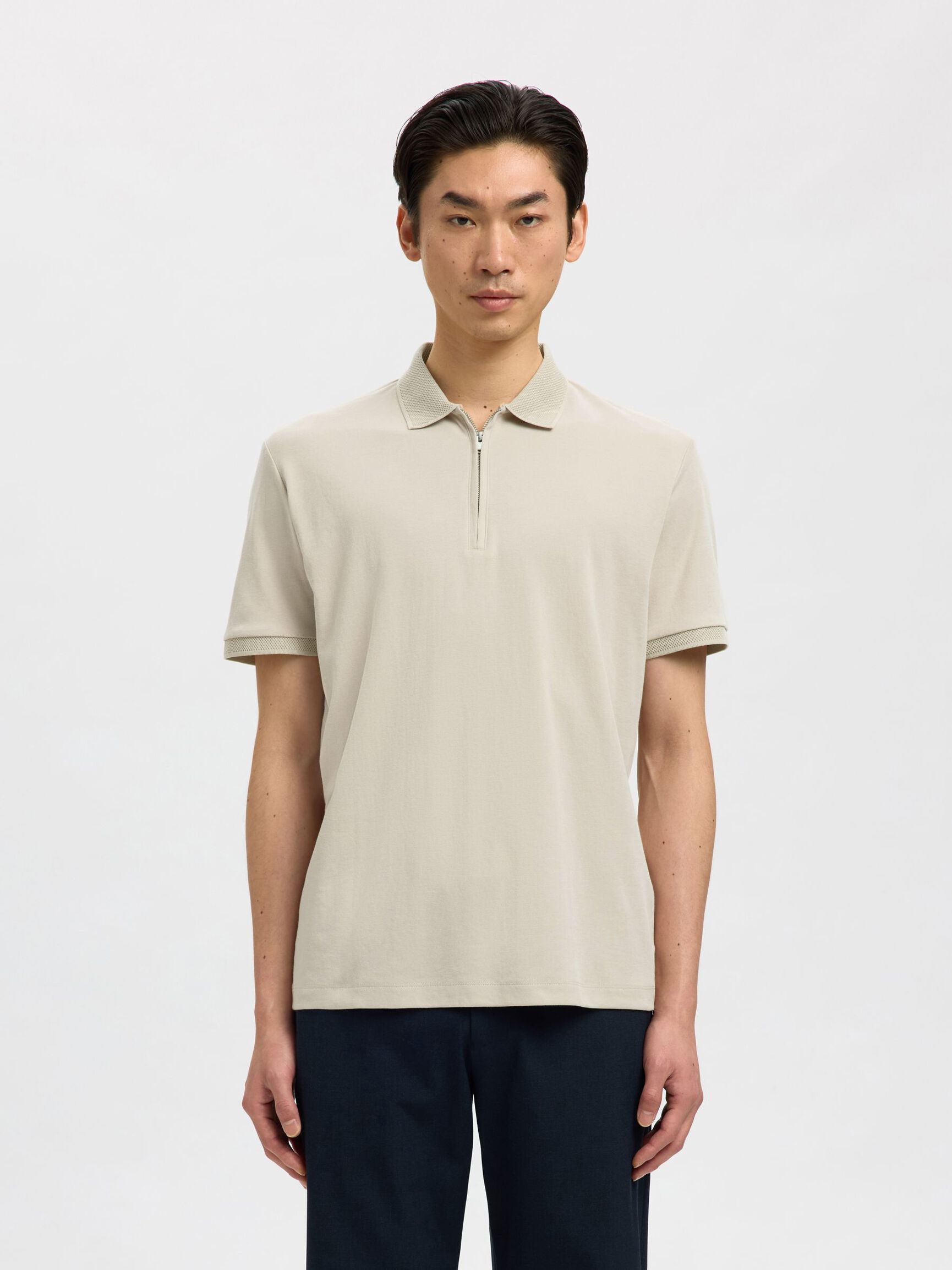 ZIPPER POLO SHIRT, Oatmeal, highres