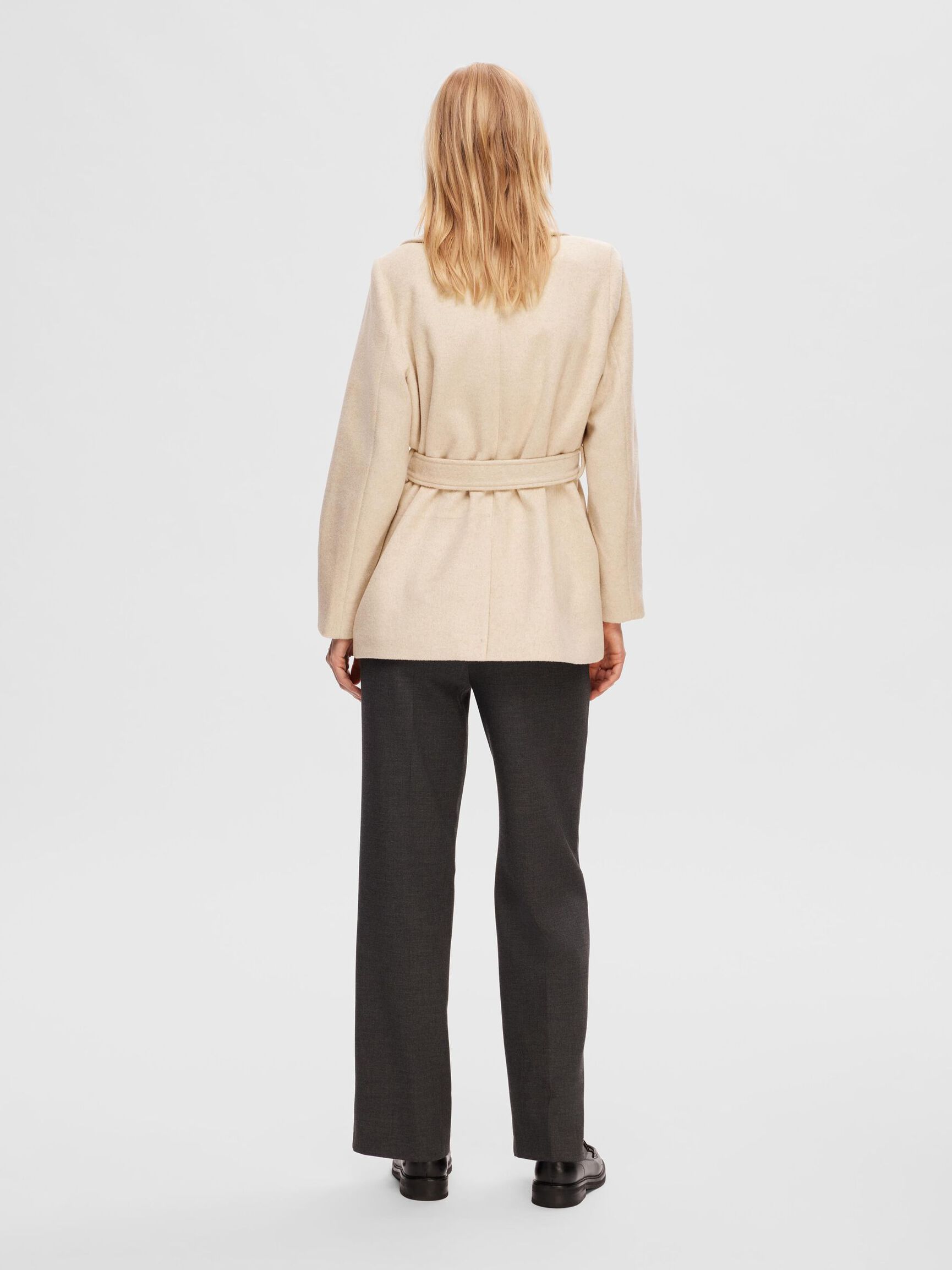 BELTED WOOL BLEND COAT, Sandshell, highres