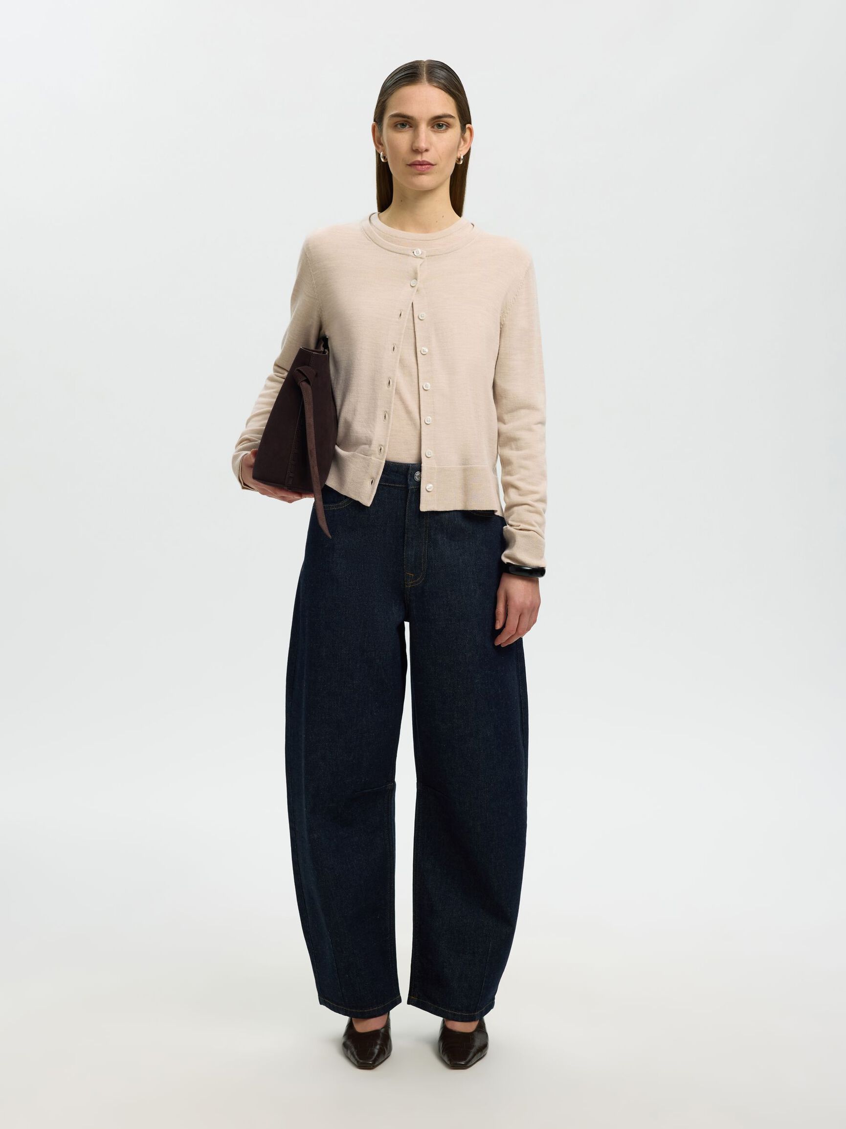 100% MERINO WOOL KNITTED CARDIGAN, Oatmeal, highres