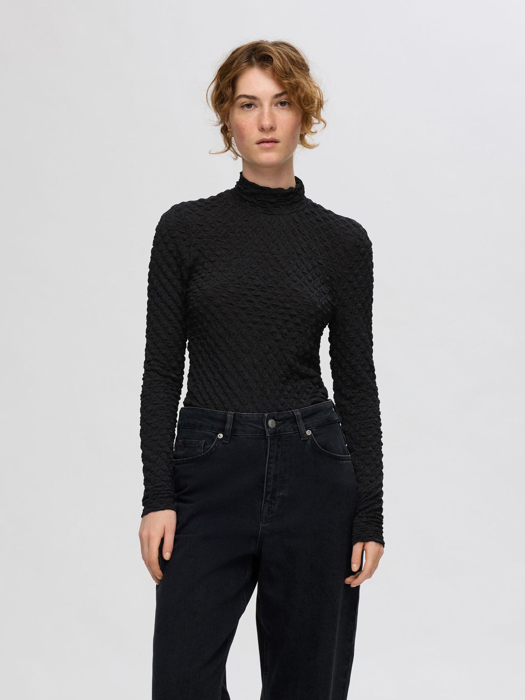TEXTURED LONG SLEEVED TOP, Black, highres