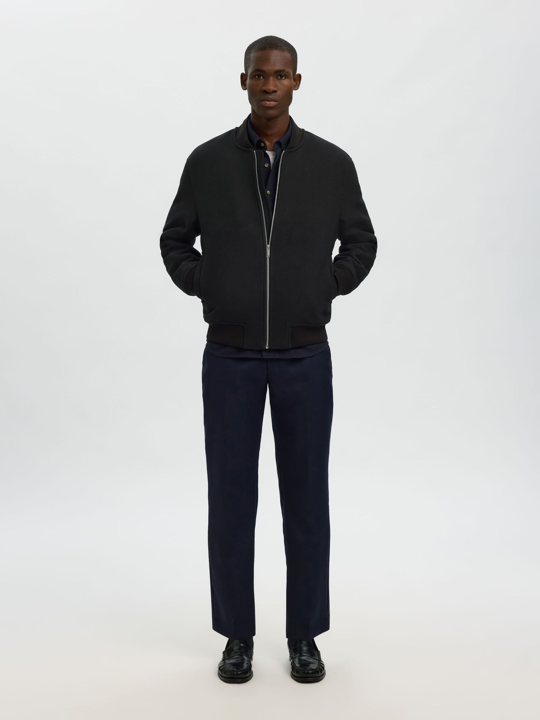 WOOL BLEND BOMBER JACKET, Black, highres