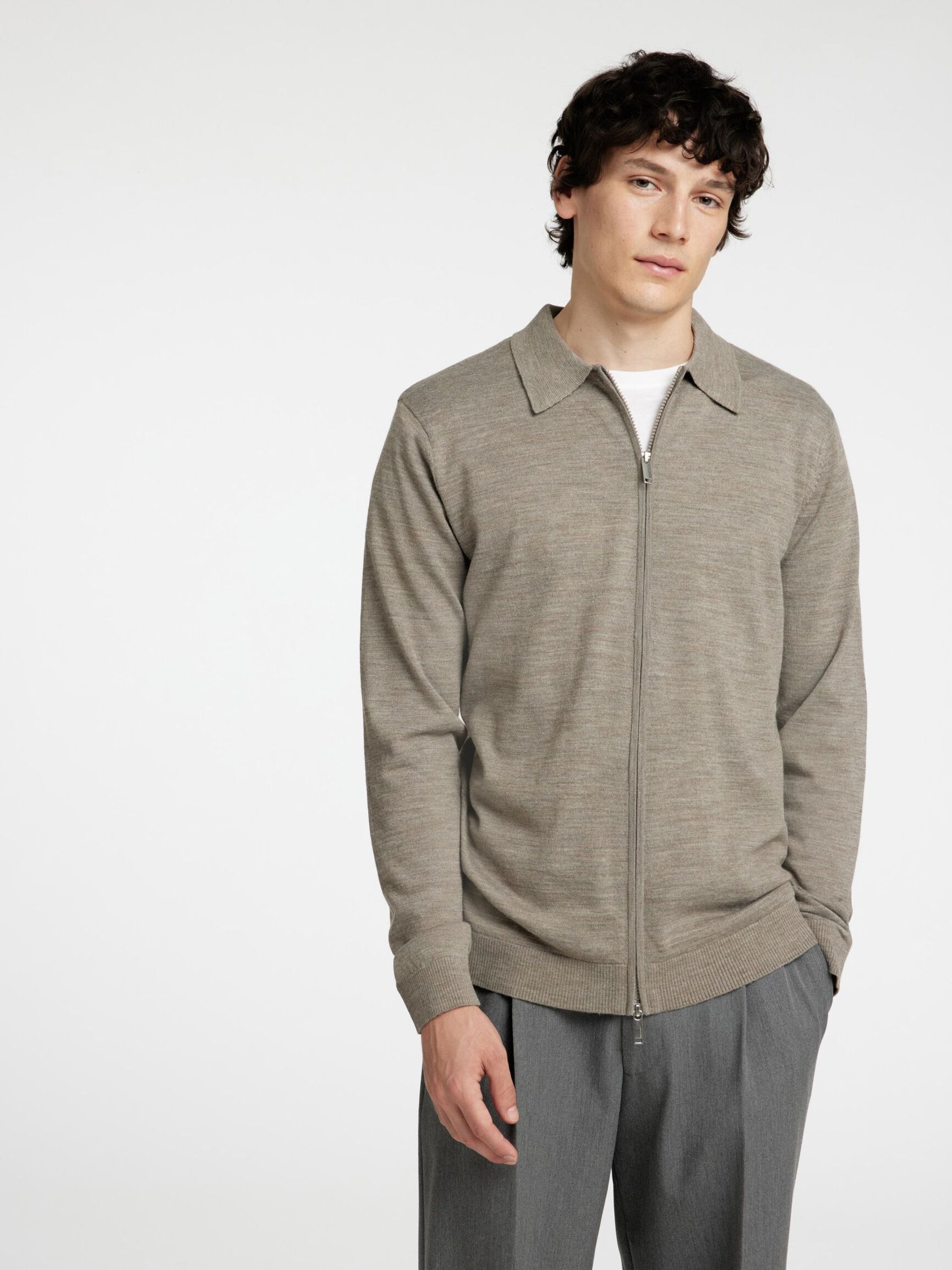 WOOL BLEND ZIP-FRONT CARDIGAN, Desert Taupe, highres