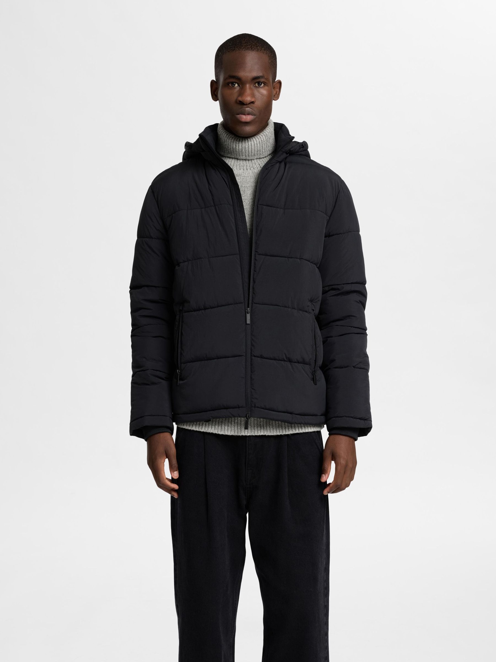HOODED PUFFER JACKET, Black, highres