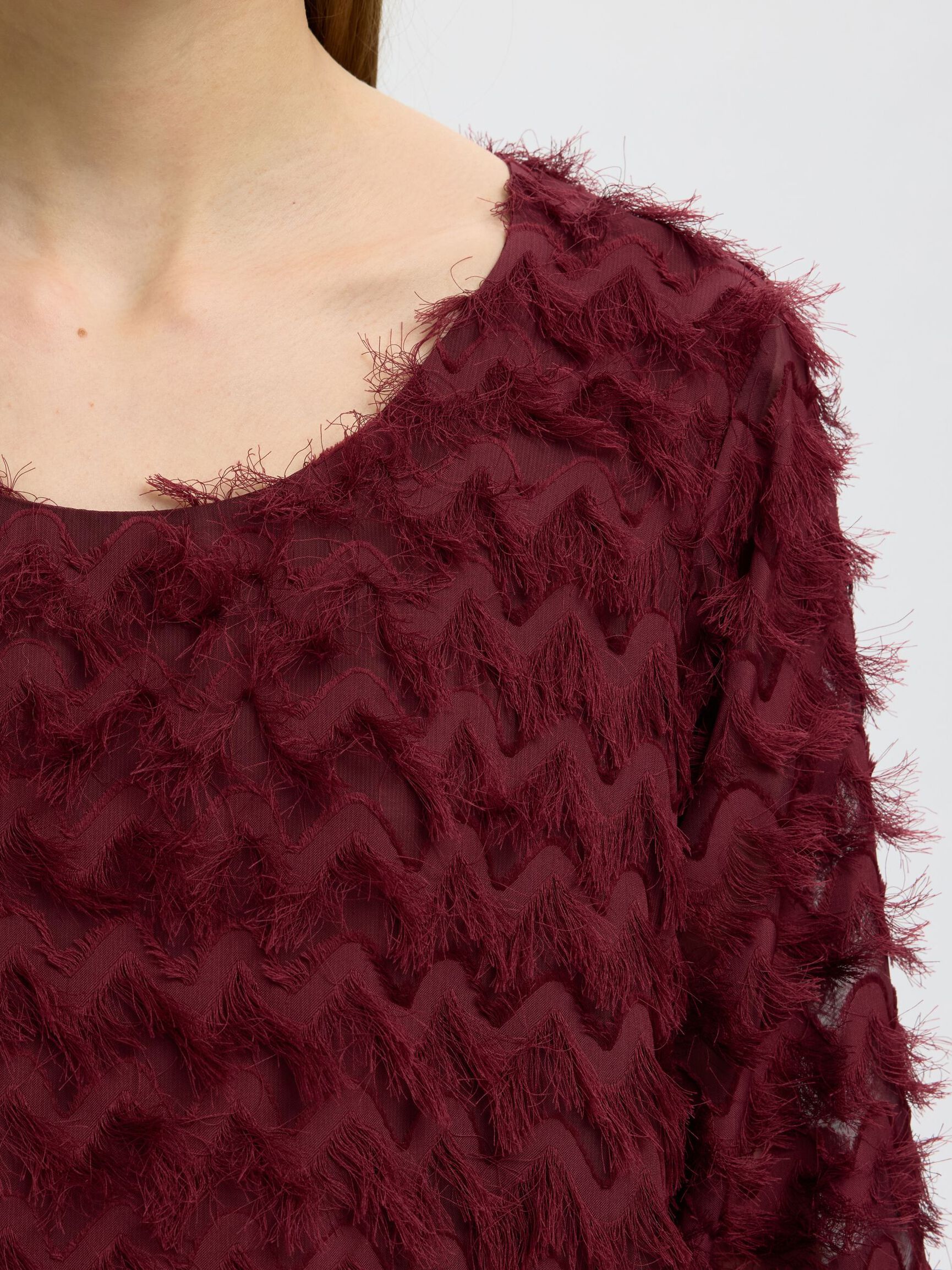 ZIGZAG FRINGE BALLOON SLEEVE TOP, Tawny Port, highres