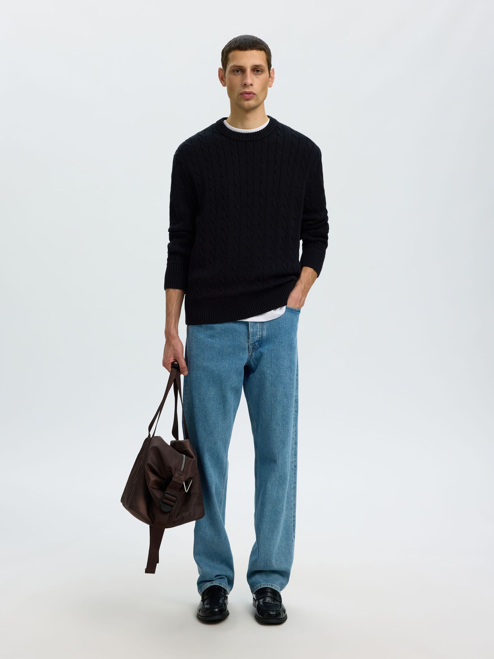 CABLE KNIT PULLOVER, Black, highres