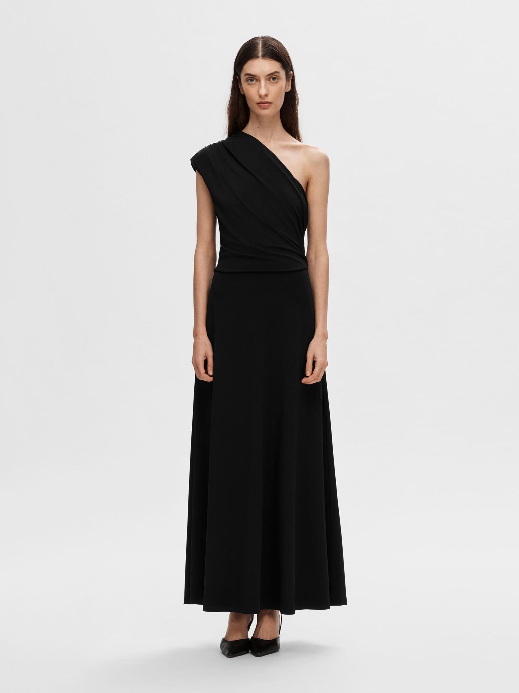 GERAFFTES ONE-SHOULDER KLEID, Black, highres