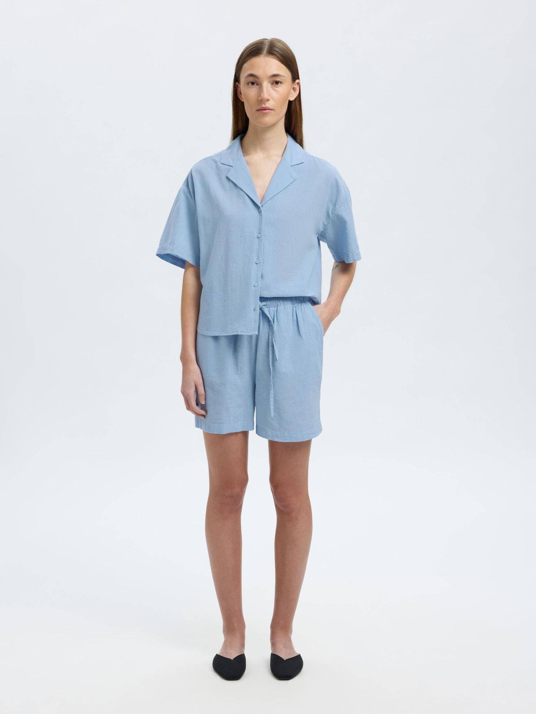 LINNENMIX OVERHEMD MET KORTE MOUWEN, Cashmere Blue, highres