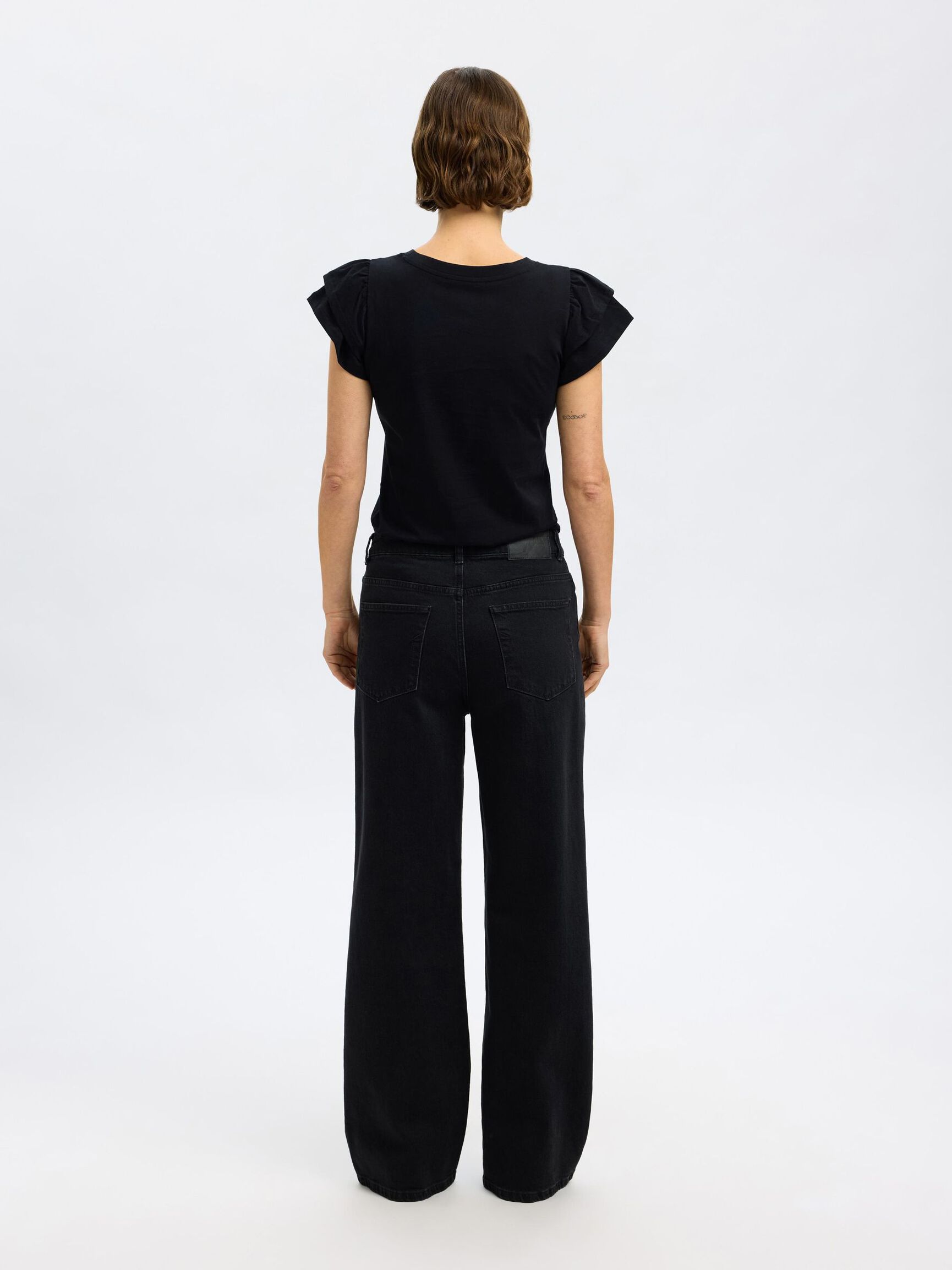 COTTON RUFFLED T-SHIRT, Black, highres
