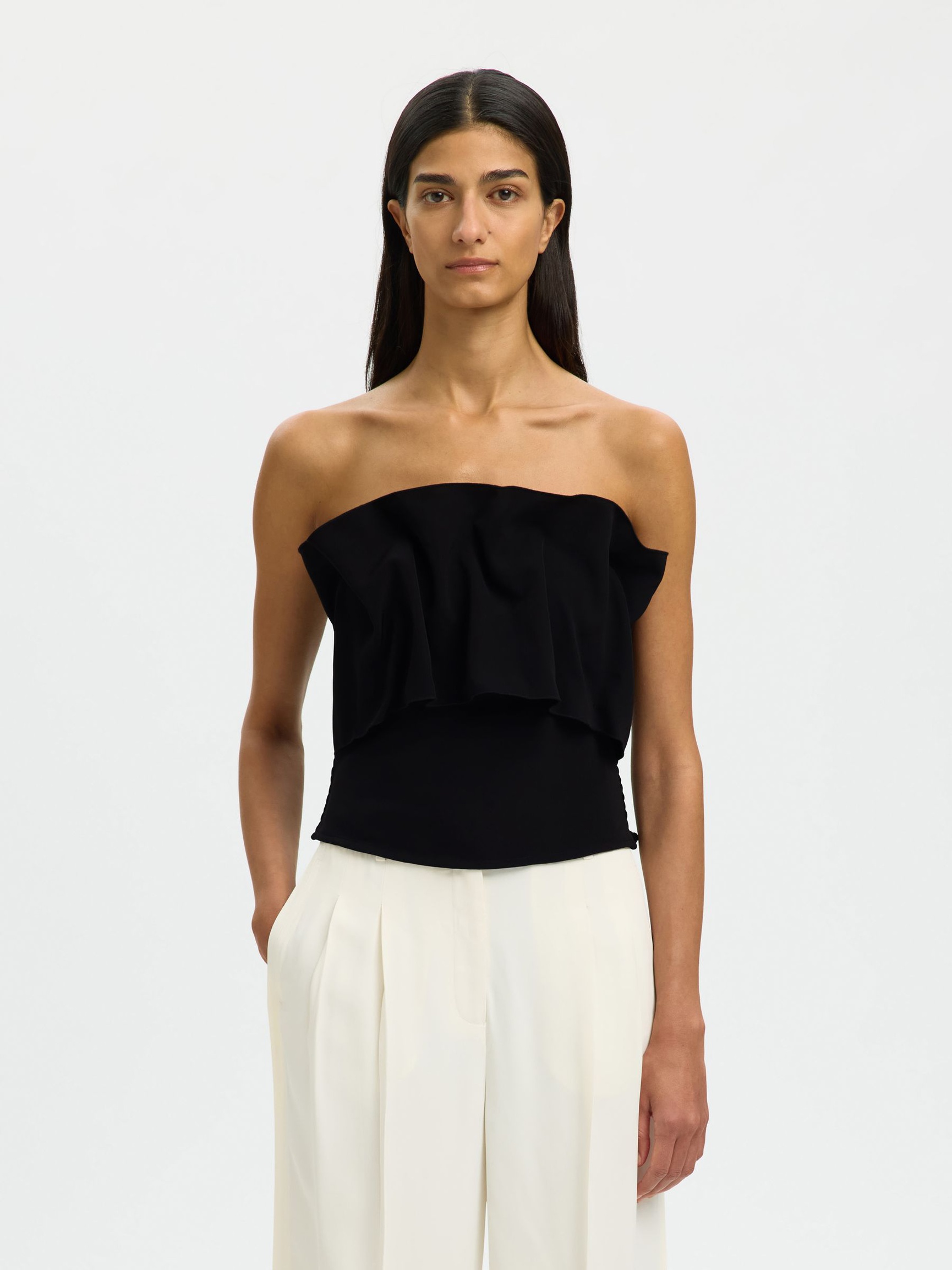 PLEATED BANDEAU TOP, Black, highres
