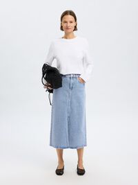 LIGHT-WASH MIDI DENIM ROK, Light Blue Denim, highres