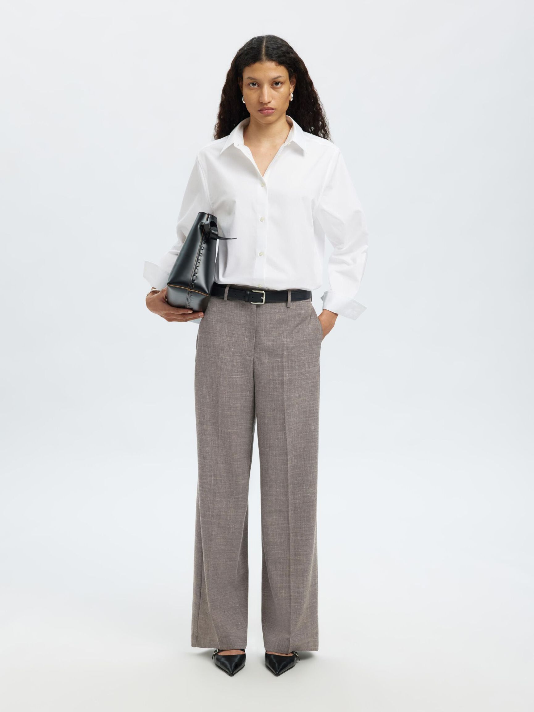 TAILORED WIDE-LEG TROUSERS, Dark Sand Melange, highres