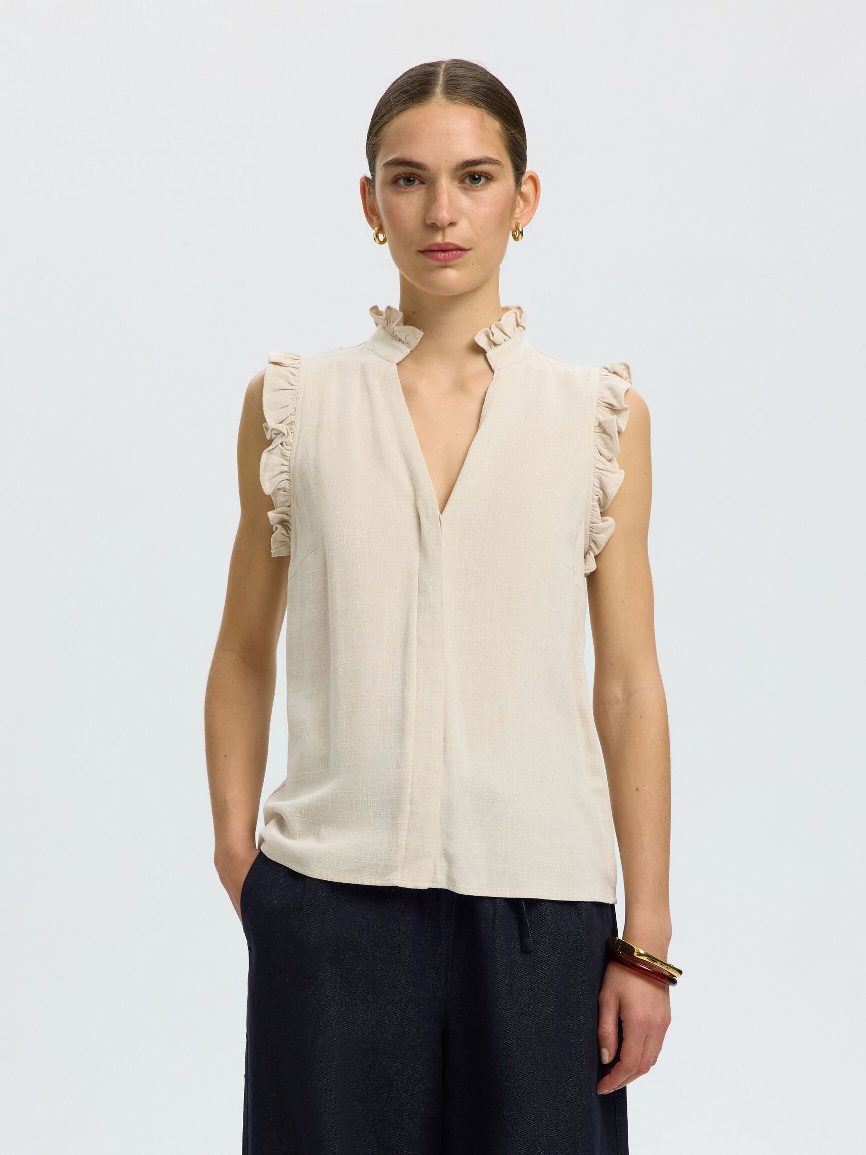 SLEEVELESS RUFFLE DETAIL TOP, Sandshell, highres