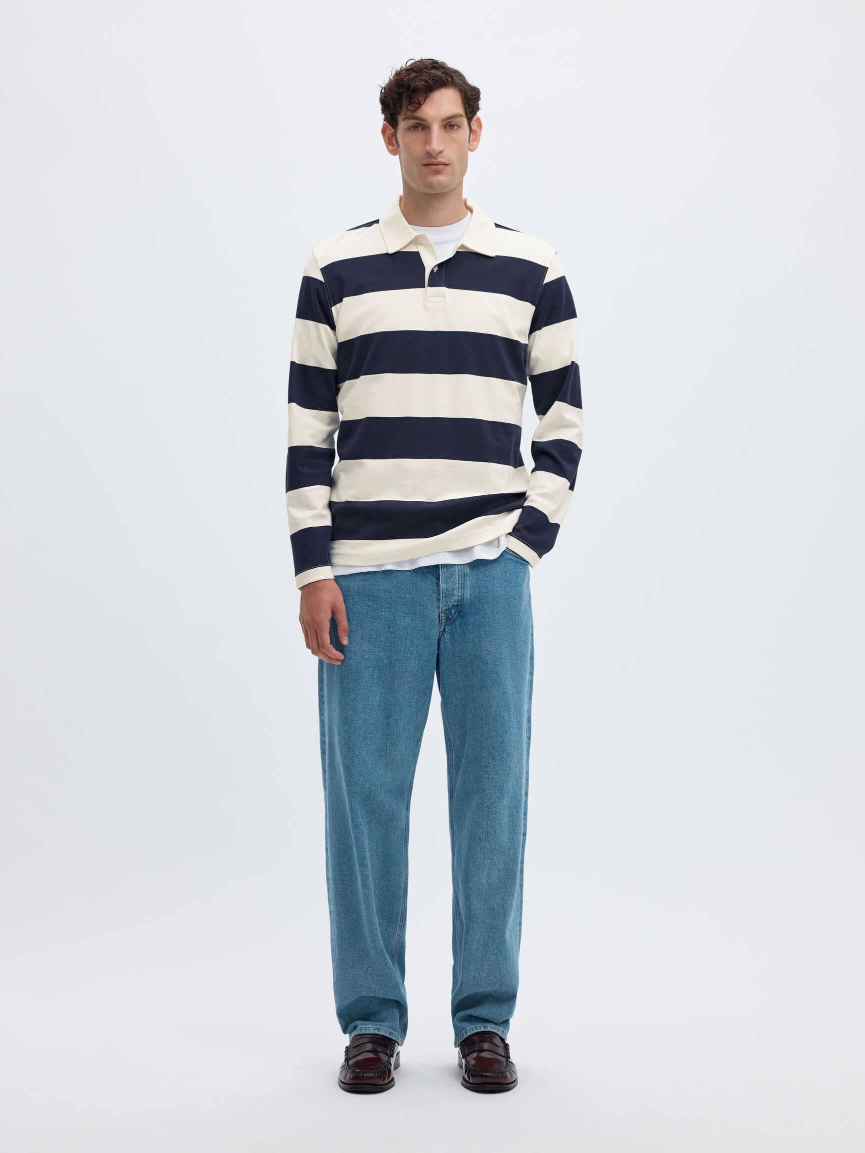 STRIPED COTTON LONG-SLEEVED POLO, Navy Blazer, highres