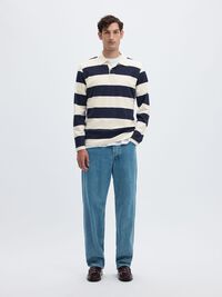 STRIPED COTTON LONG-SLEEVED POLO, Navy Blazer, highres