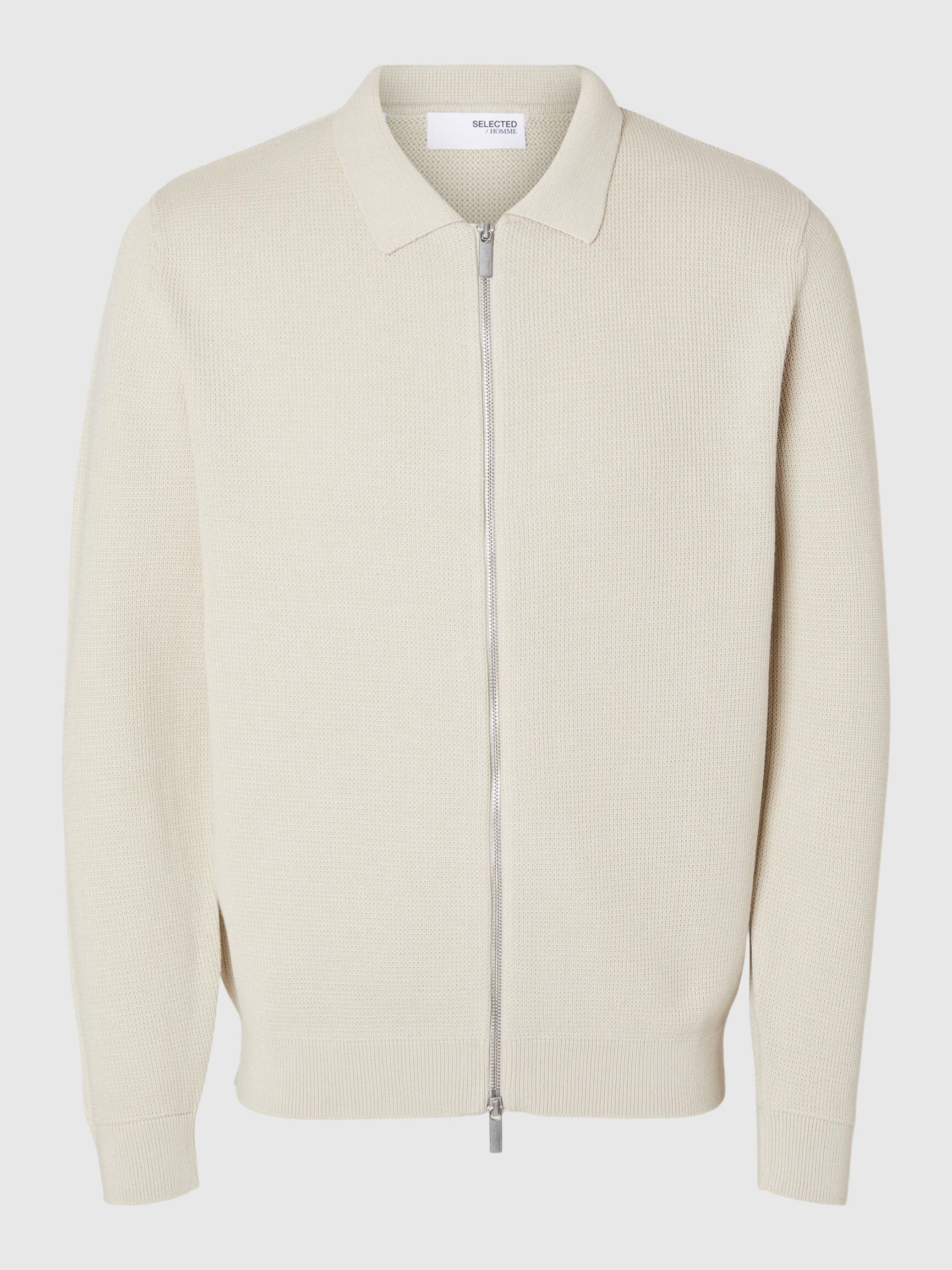 KNITTED ZIP-FRONT CARDIGAN, Oatmeal, highres