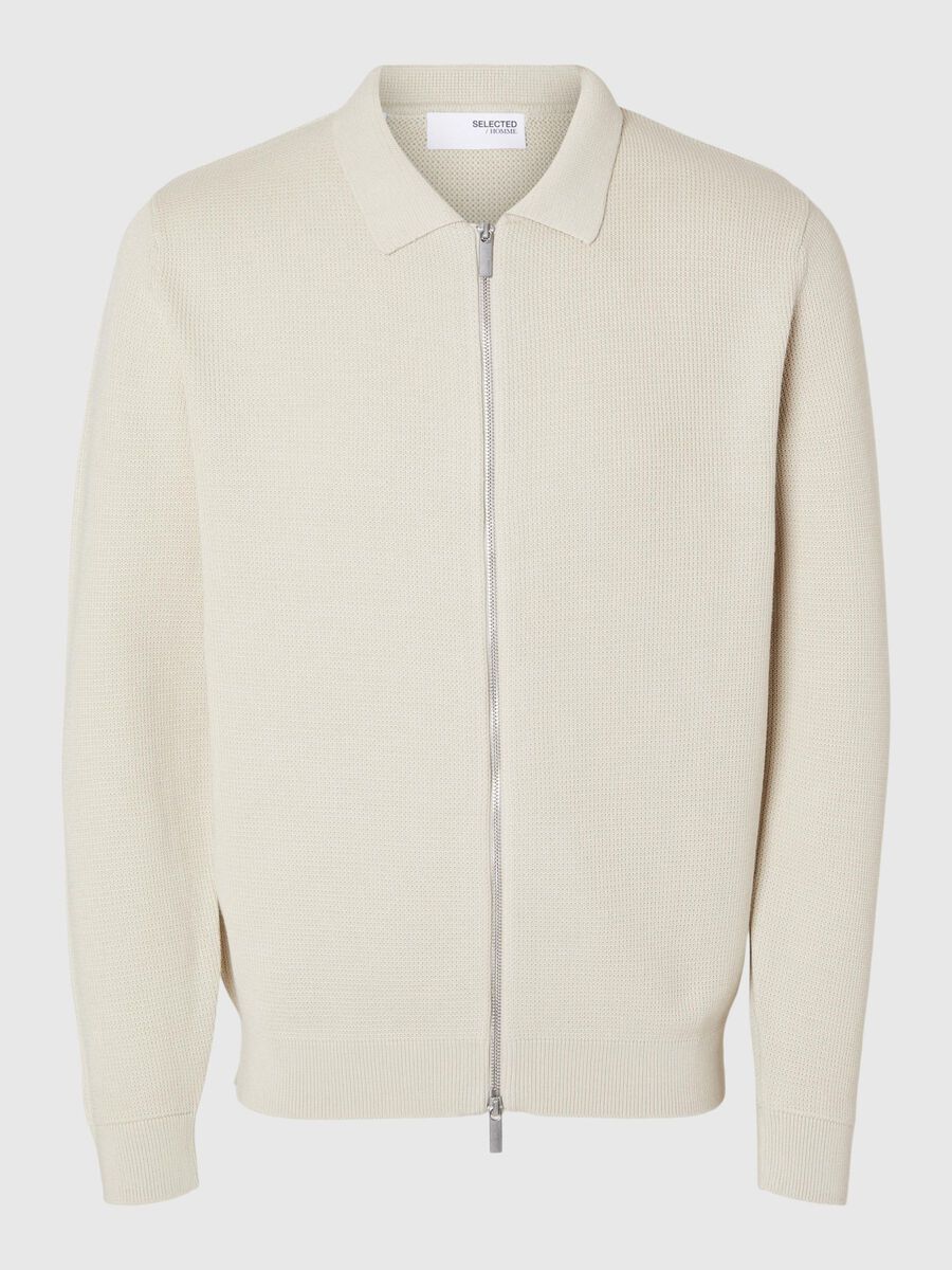 Selected KNITTED ZIP-FRONT CARDIGAN, Oatmeal, highres - 16094493_Oatmeal_001.jpg