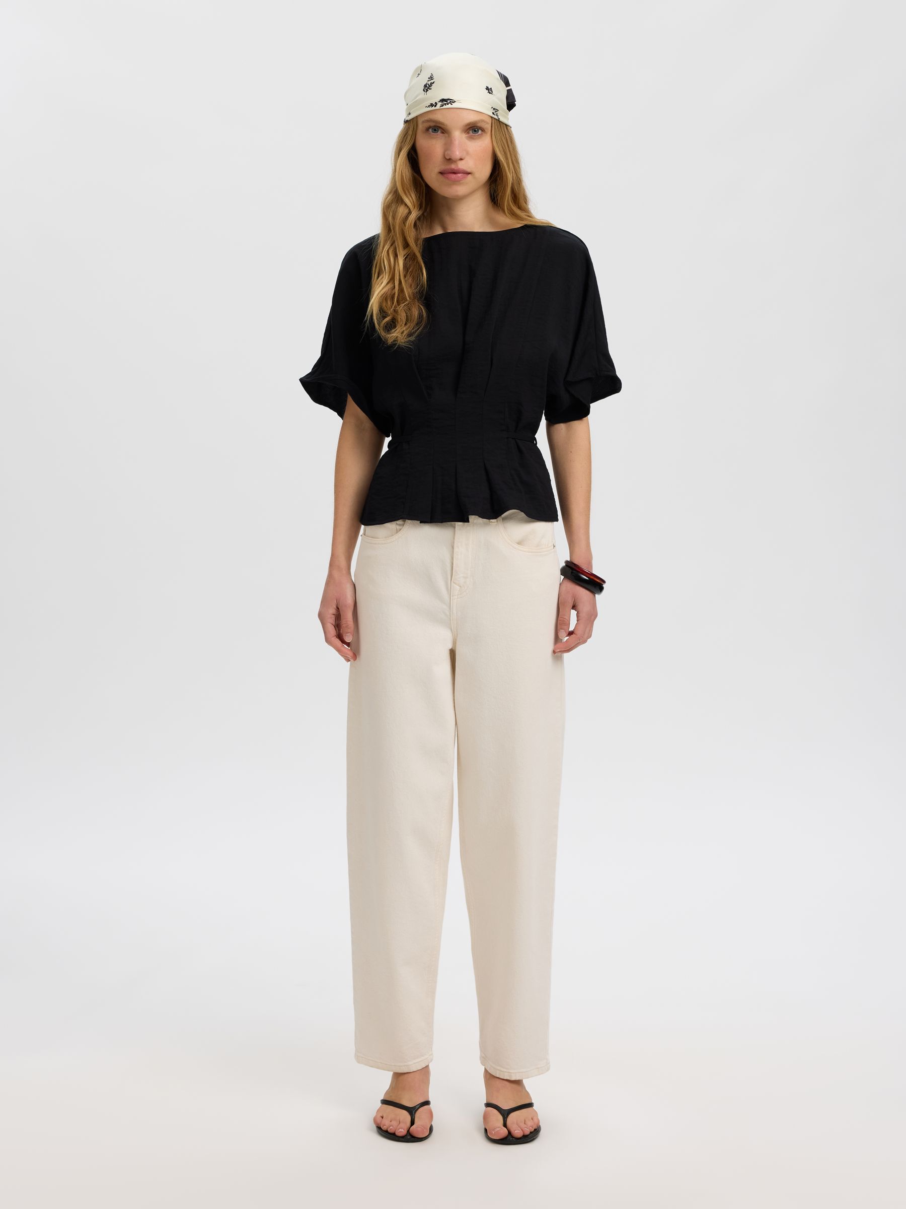 VISCOSE BLEND PLEATED  BLOUSE, Black, highres