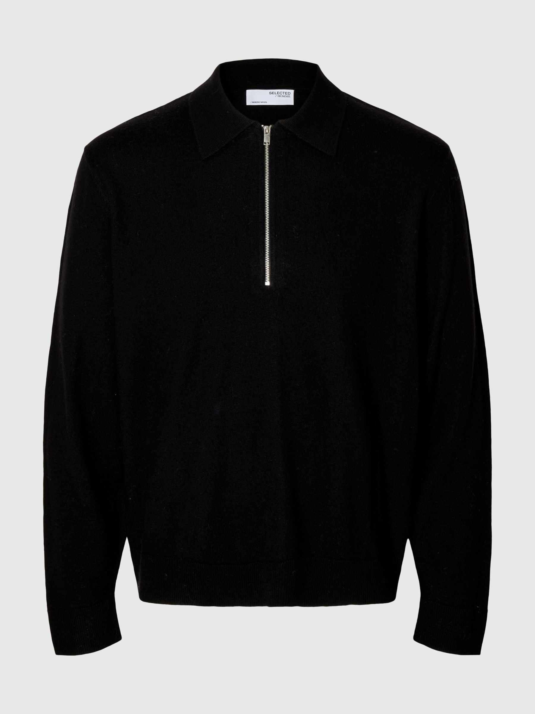 100% MERINO WOOL  LONG-SLEEVED POLO, Black, highres