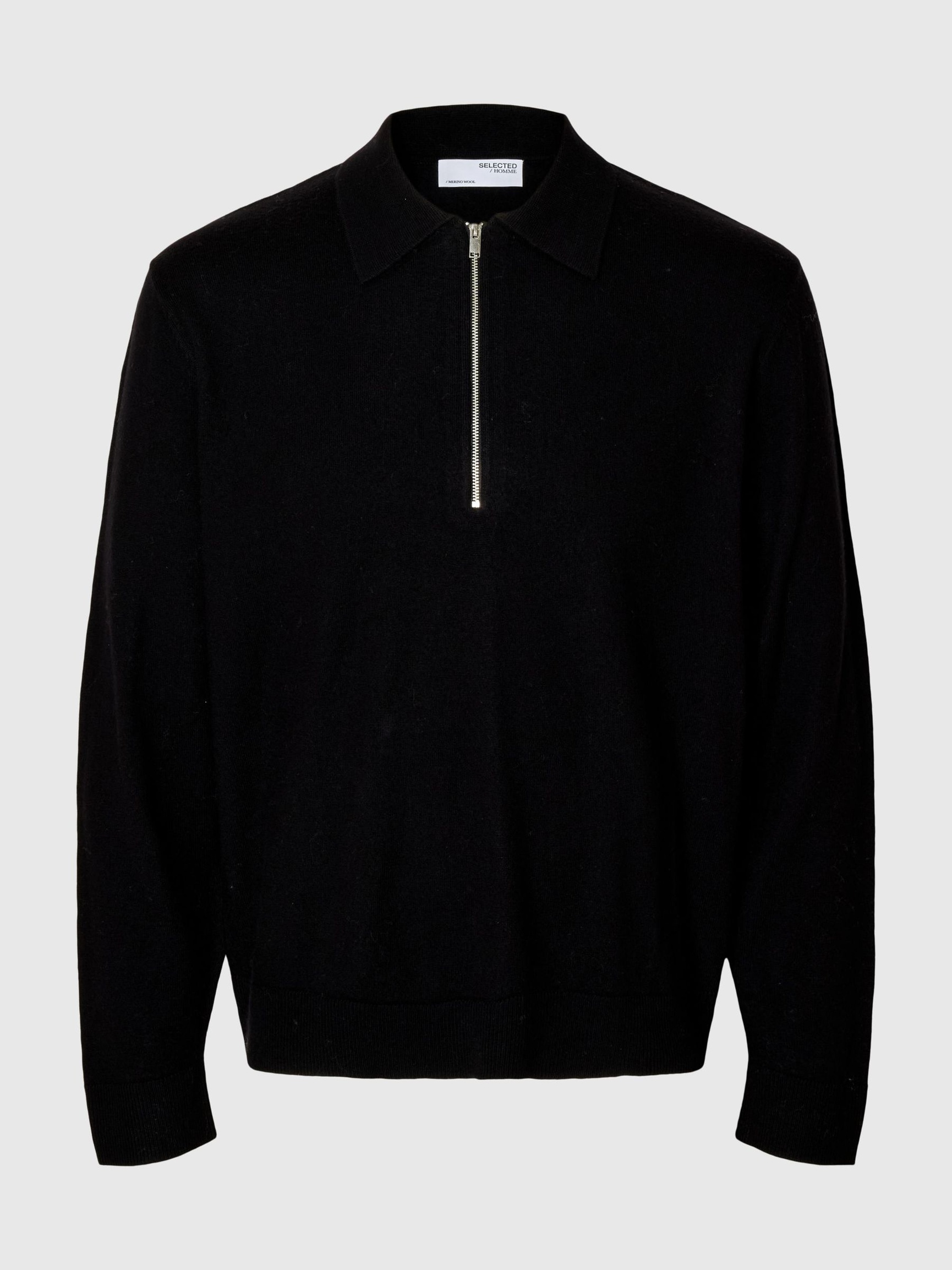 100% MERINOULL LÅNGÄRMAD PIKÉTRÖJA, Black, highres
