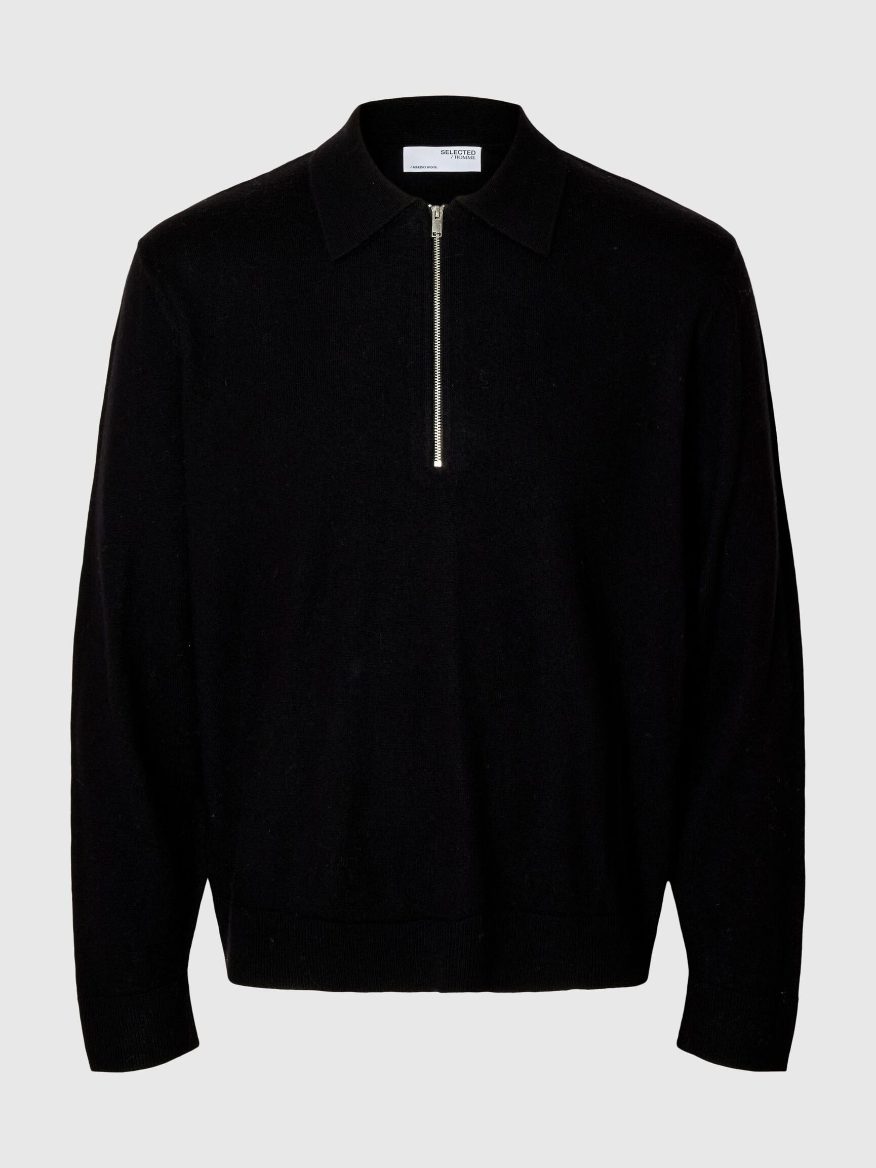 100% MERINOWOL POLO MET LANGE MOUWEN, Black, highres