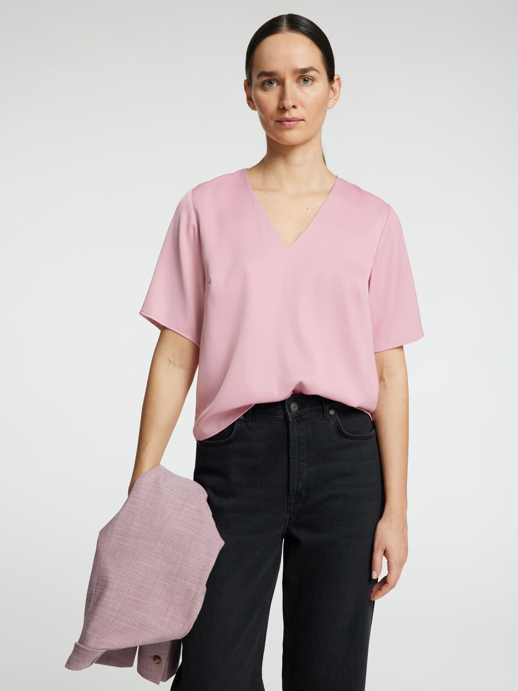 KORTÆRMET TOP MED V-HALS, Bleached Mauve, highres