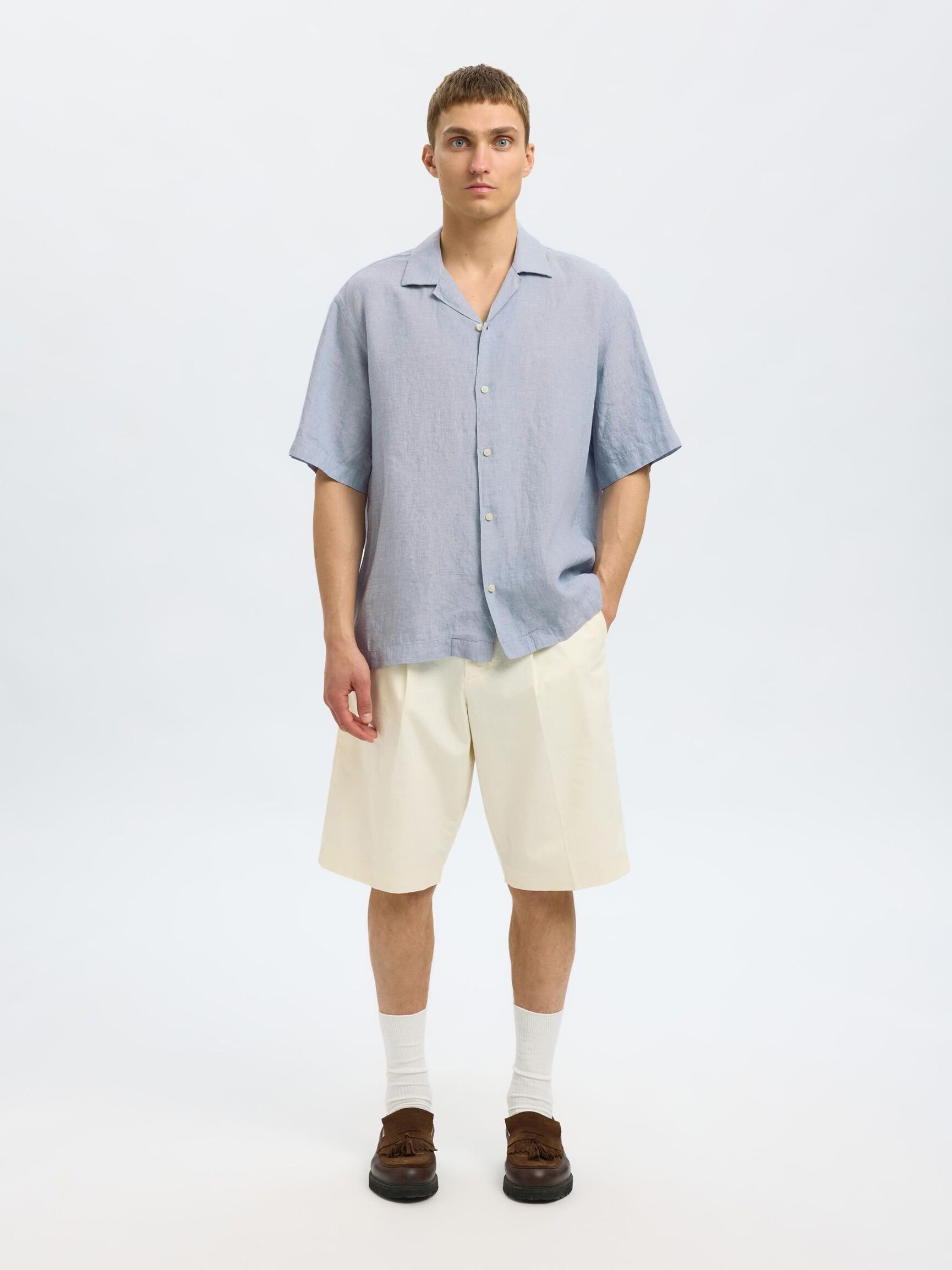 100% LINEN SHORT SLEEVED SHIRT, Blue Fog, highres