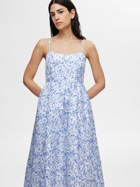 FLORAL PRINTED SLEEVELESS MIDI DRESS, Sky Blue, highres