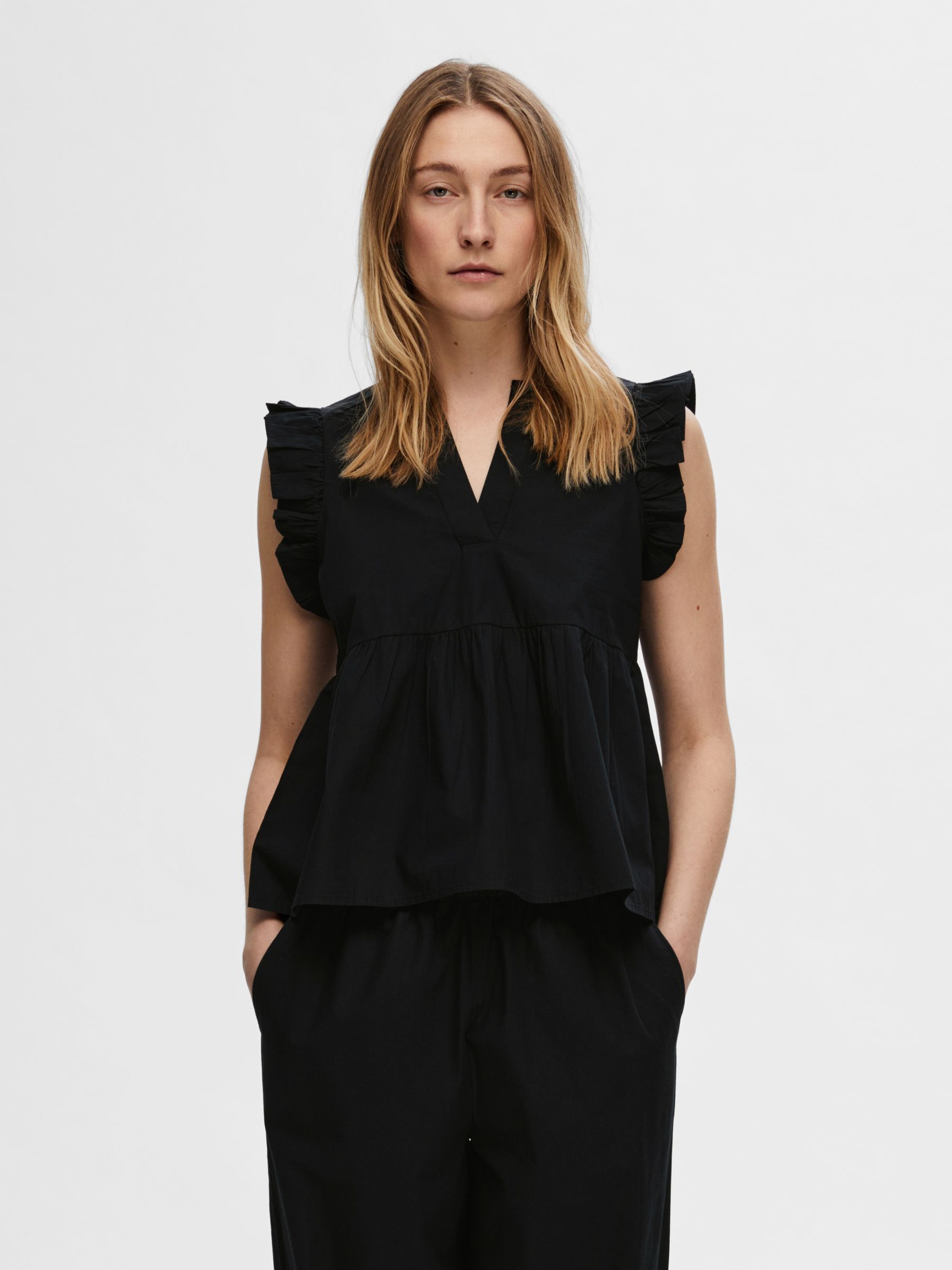 RUFFLED TOP, Black, highres