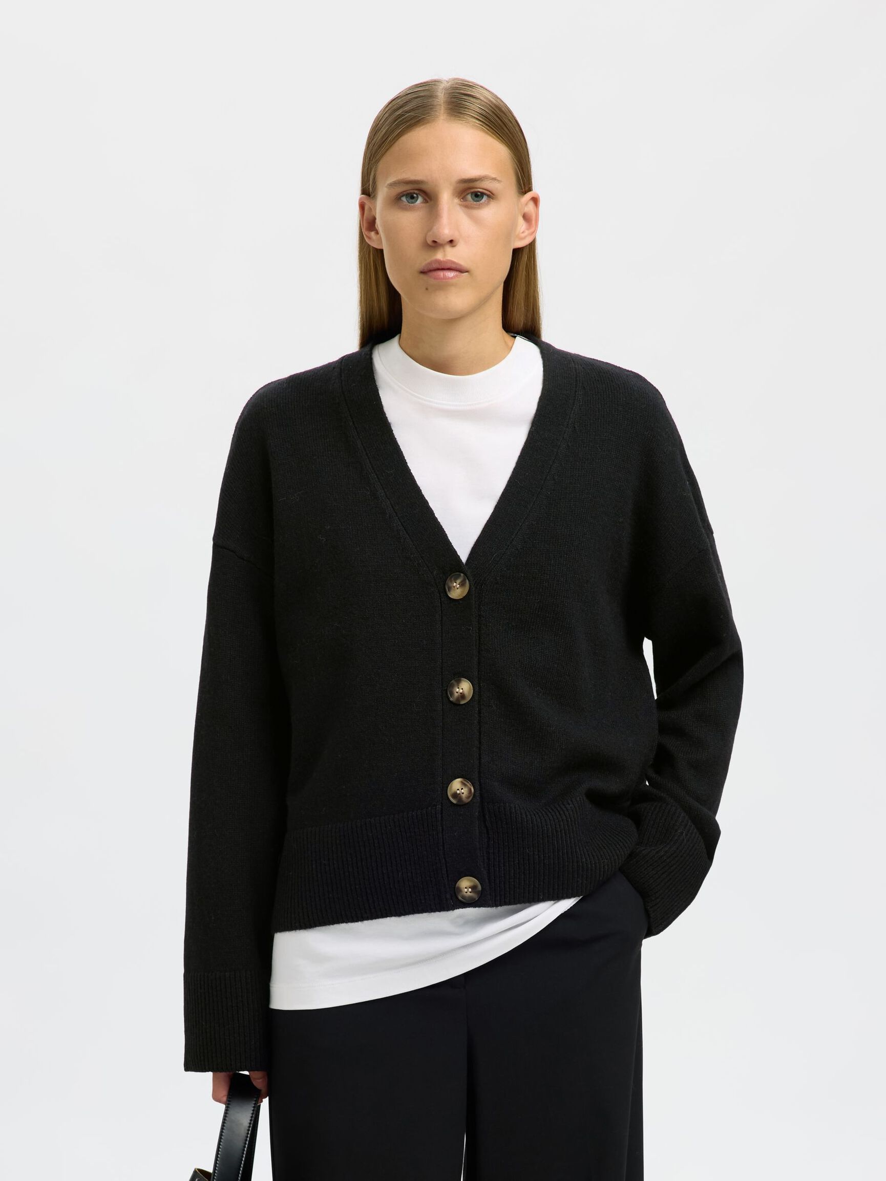 WOOL BLEND KNITTED CARDIGAN, Black, highres