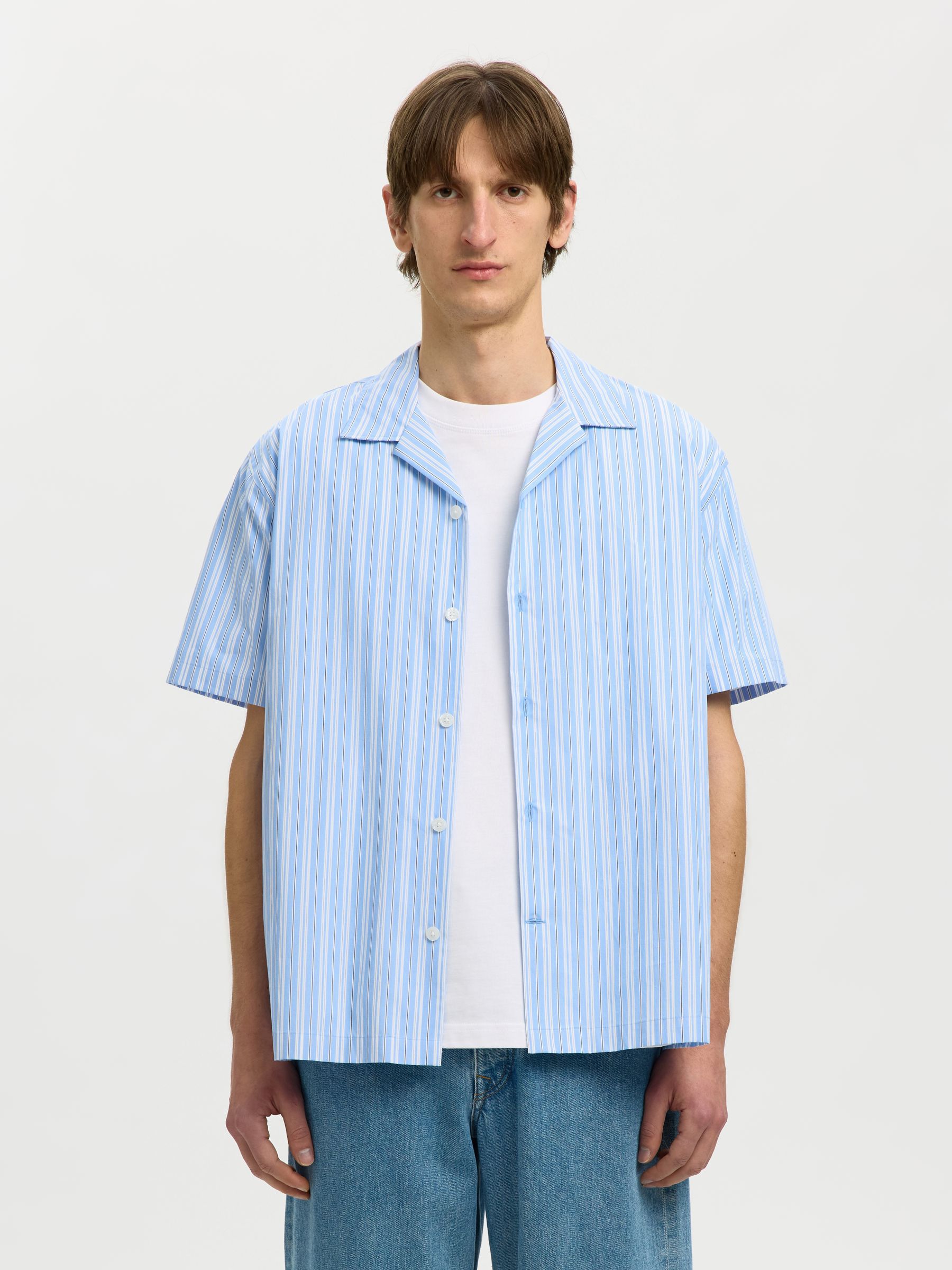 STRIPED SHORT SLEEVED SHIRT, Cashmere Blue, highres