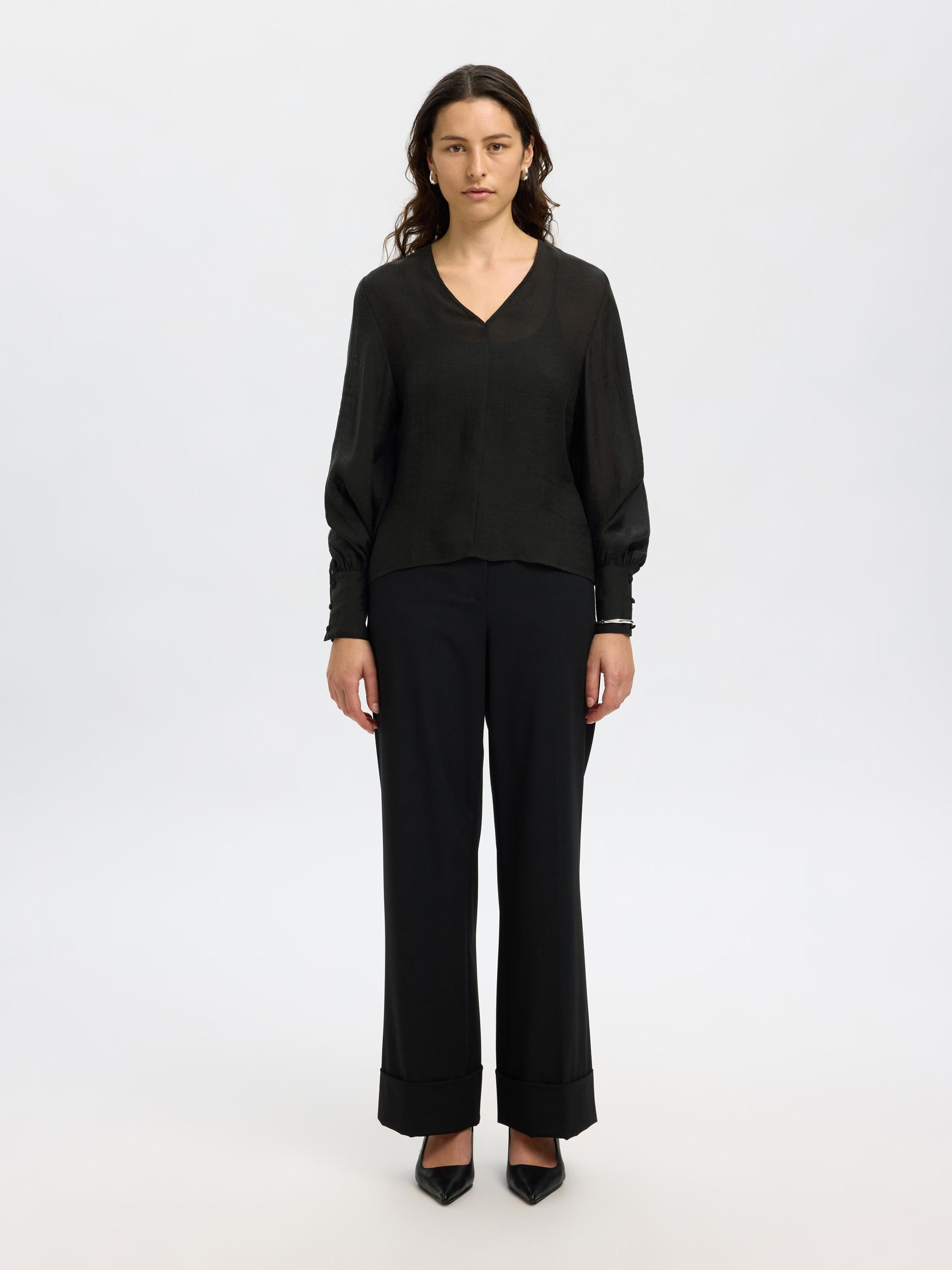 V-HALS BLOUSE MET LANGE MOUWEN, Black, highres