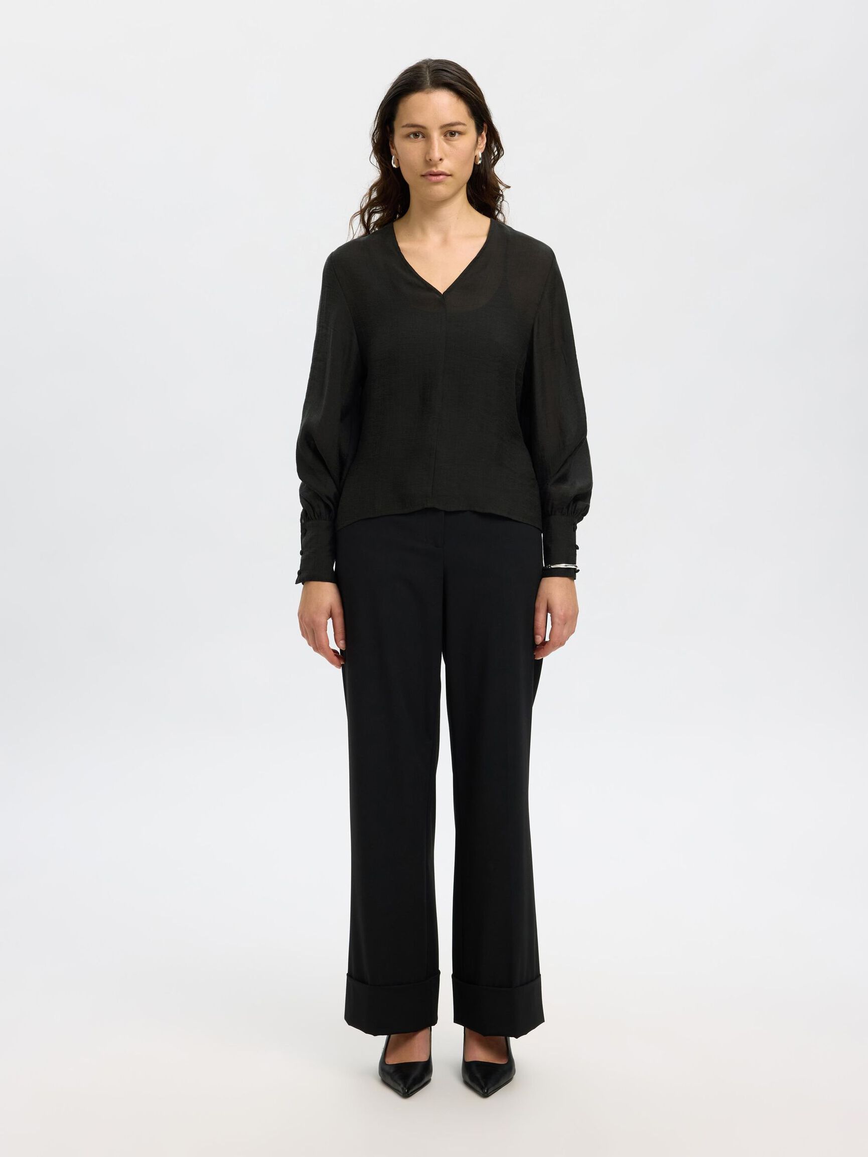 V-NECK LONG SLEEVED BLOUSE, Black, highres