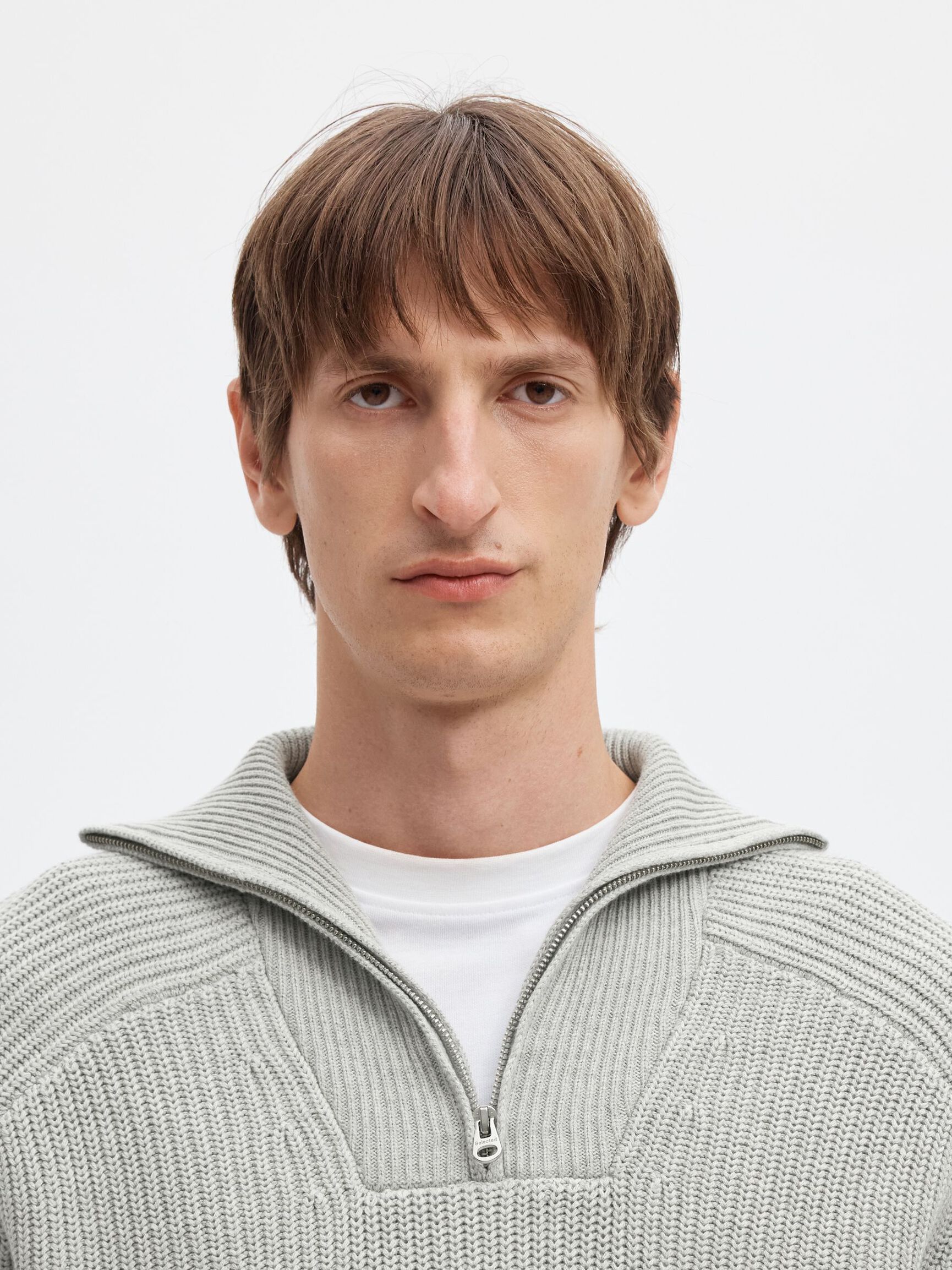 RIBBED ORGANIC COTTON HALF-ZIP JUMPER, Light Grey Melange, highres