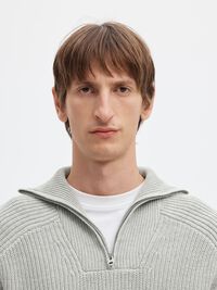 RIBBED ORGANIC COTTON HALF-ZIP JUMPER, Light Grey Melange, highres