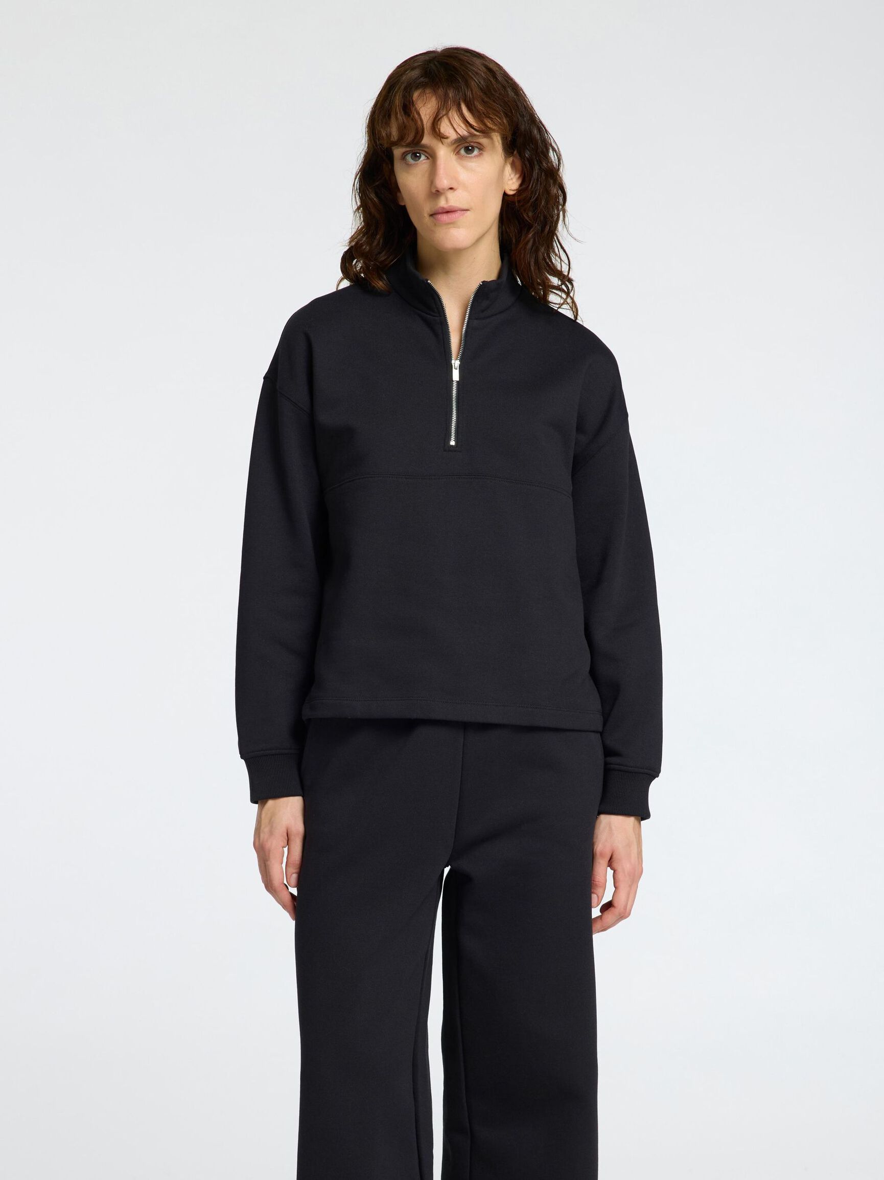 HIGH NECK ZIPPED SWEATSHIRT, Black, highres