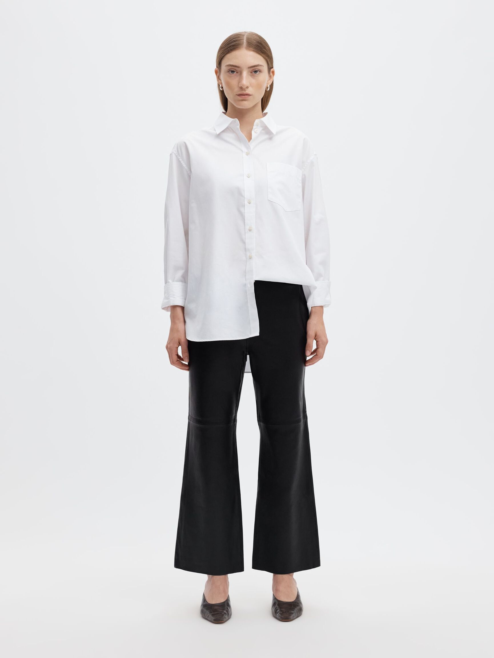 FLARED FIT LEATHER TROUSERS, Black, highres