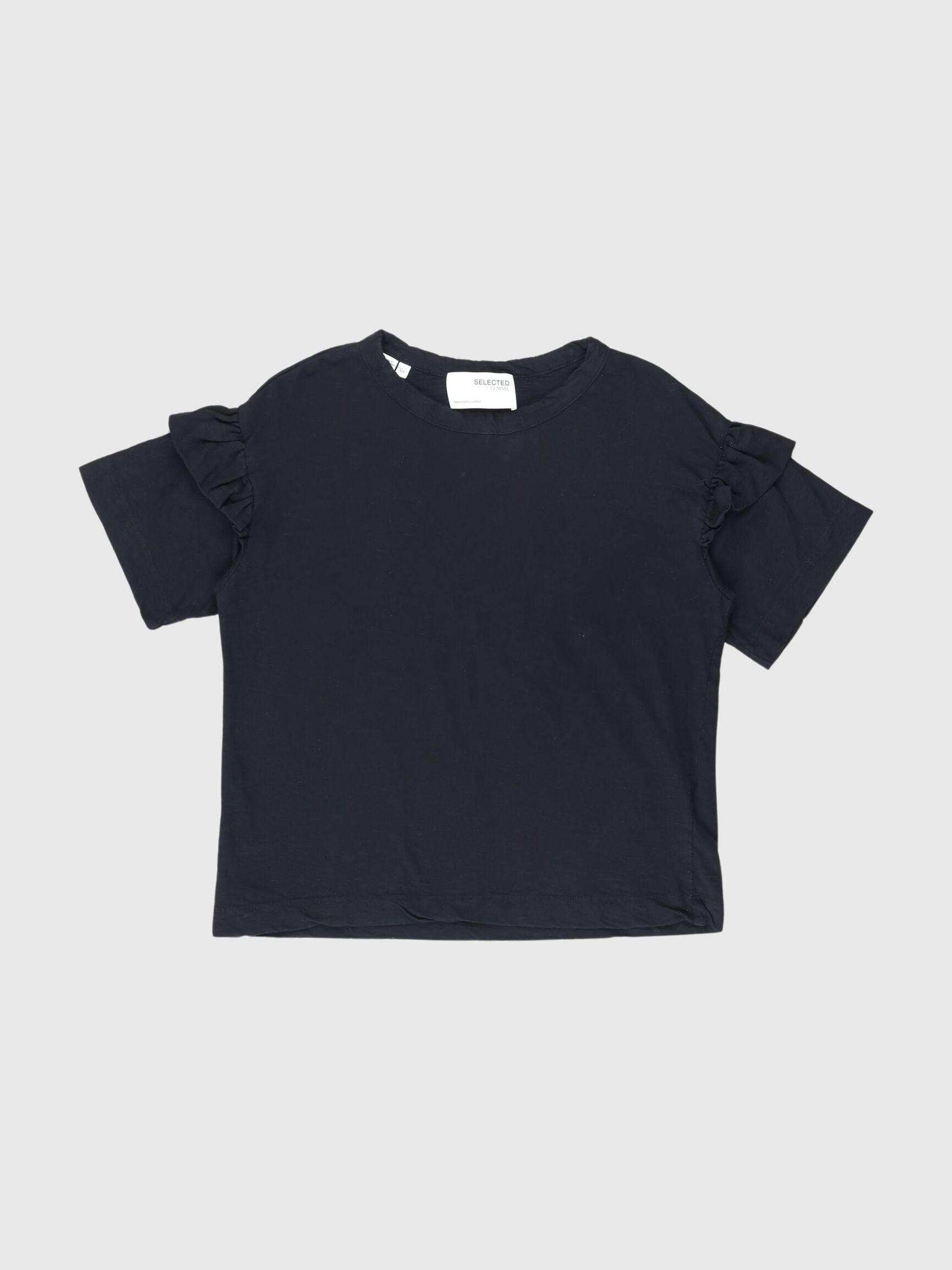 COTTON RUFFLE  T-SHIRT, Black, highres