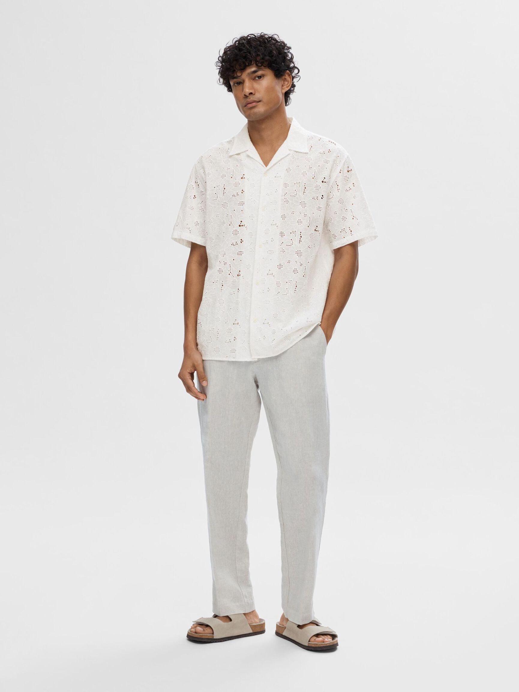 BRODERIE ANGLAISE OVERHEMD MET KORTE MOUWEN, Bright White, highres