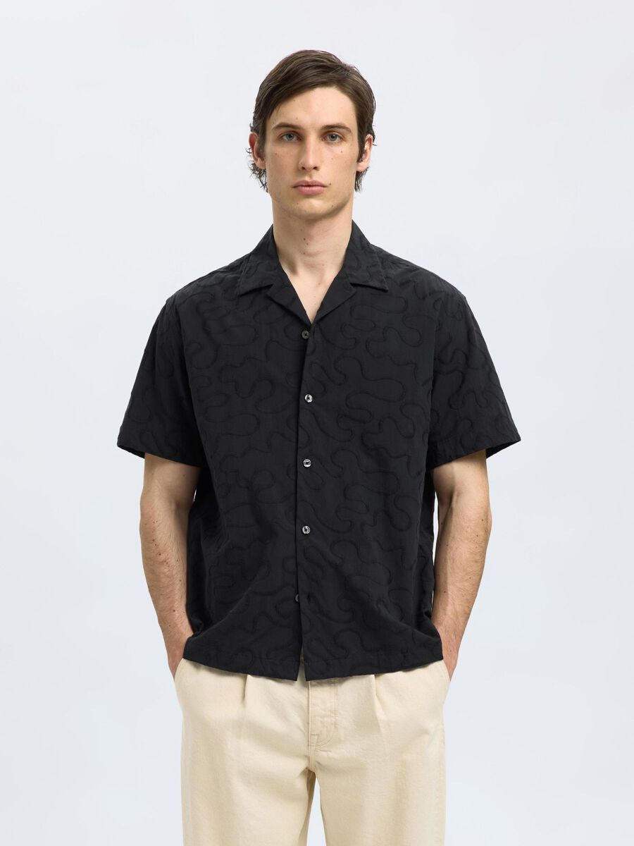 Selected GEBORDUURD OVERHEMD MET KORTE MOUWEN, Black, highres - 16097689_Black_003.jpg
