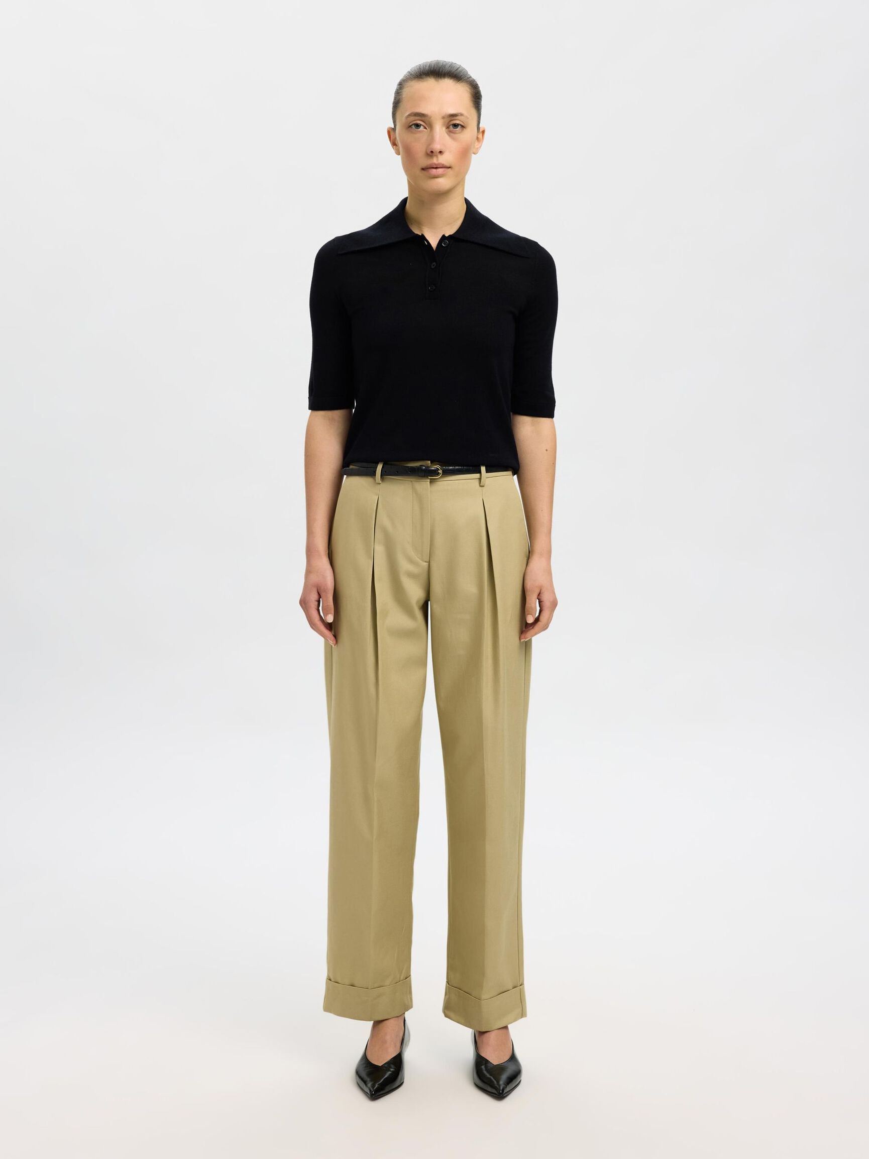 100% MERINOULD STRIKKET POLOSHIRT, Black, highres