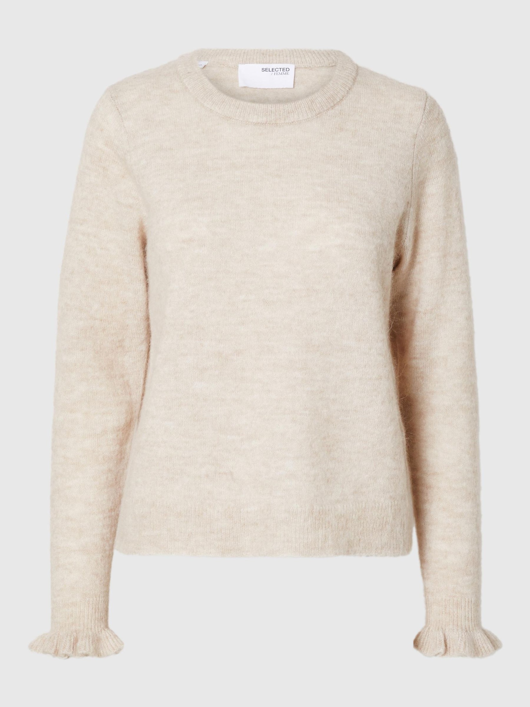 WOOL BLEND RUFFLED SLEEVE PULLOVER, Birch, highres