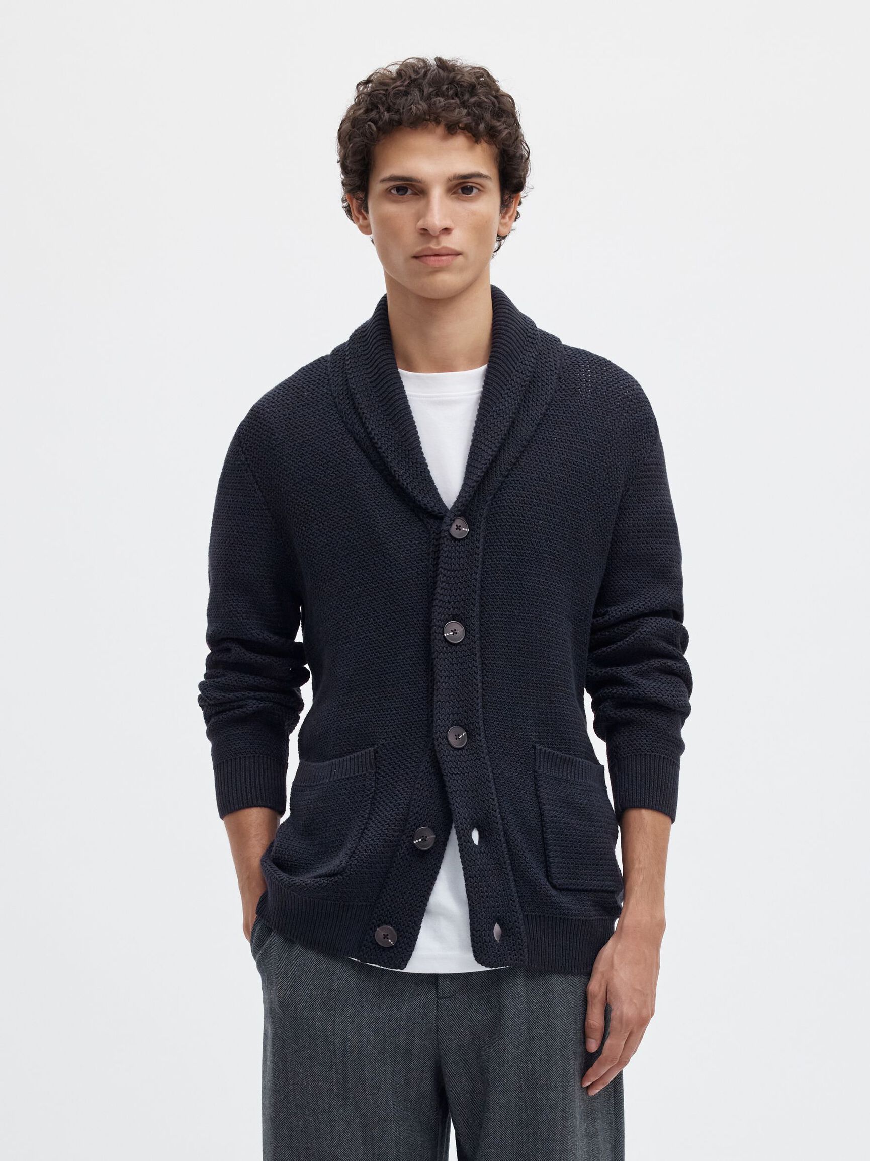 SHAWL-NECK KNITTED CARDIGAN, Maritime Blue, highres