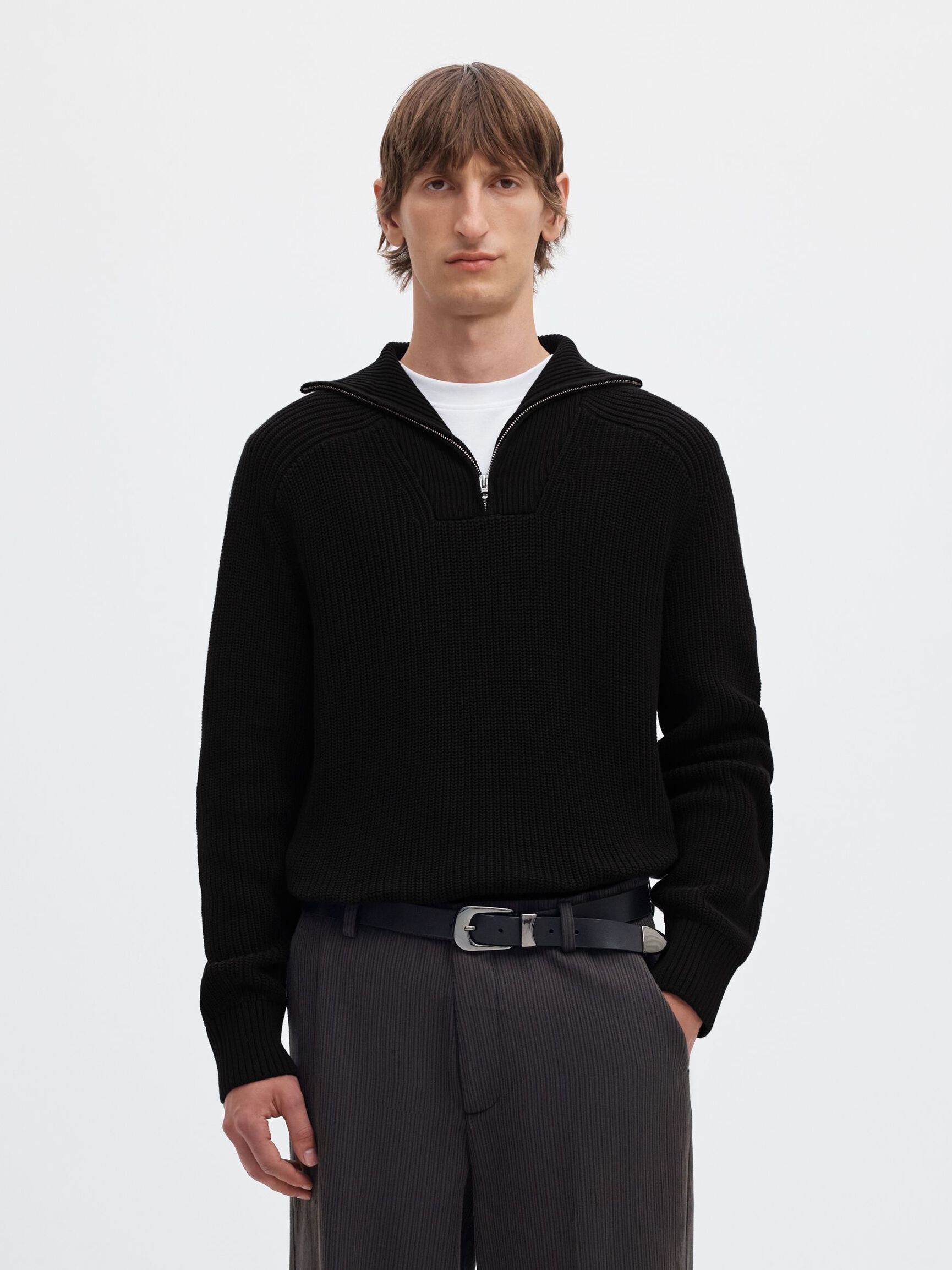 RIBBED ORGANIC COTTON HALF-ZIP JUMPER, Black, highres