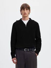 RIBBED ORGANIC COTTON HALF-ZIP JUMPER, Black, highres
