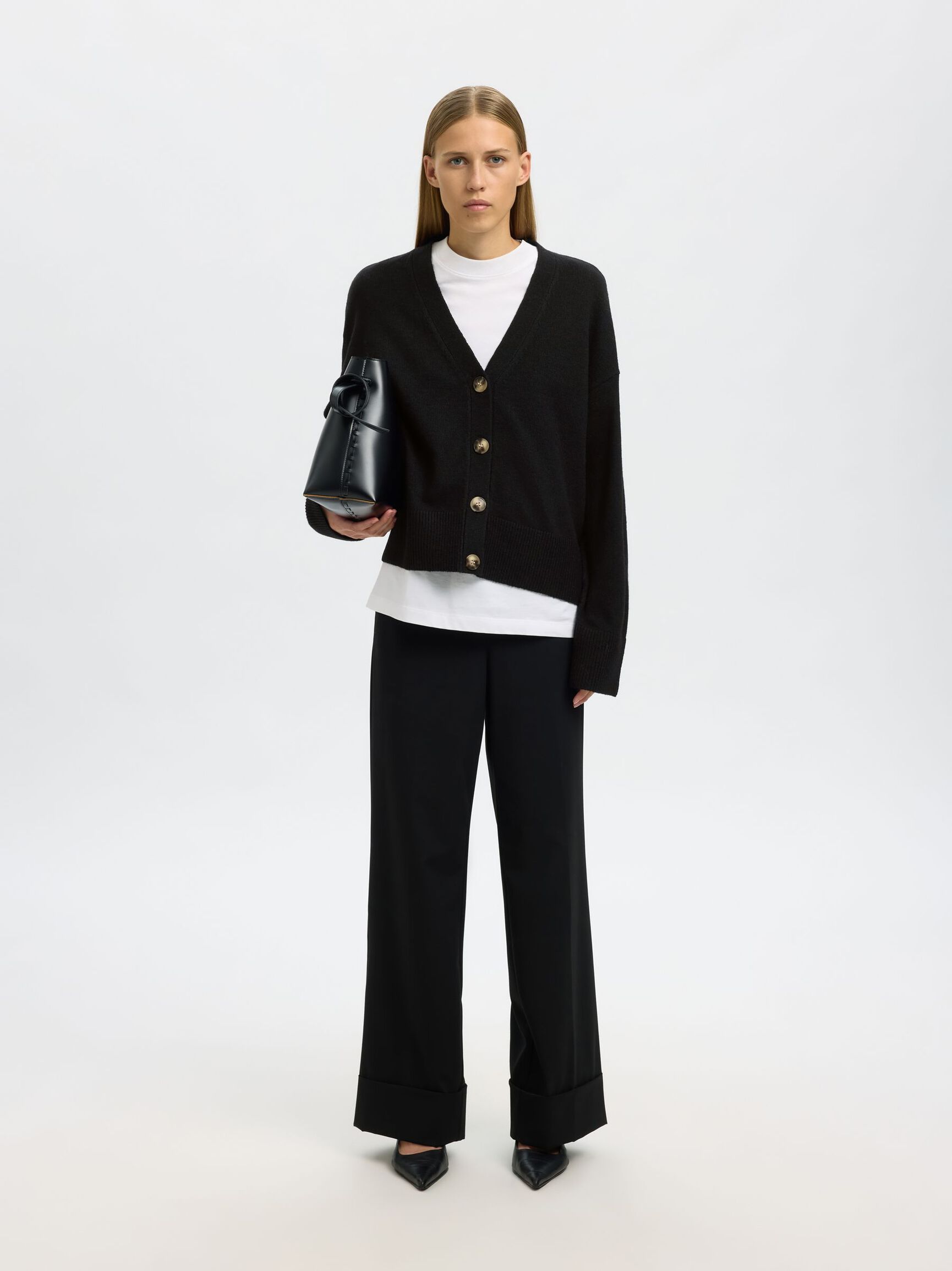 WOOL BLEND KNITTED CARDIGAN, Black, highres