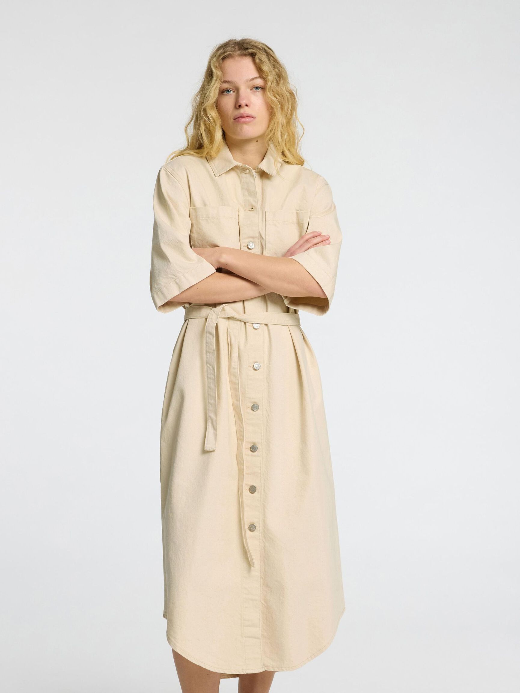 DENIM SHIRT DRESS, Ecru, highres