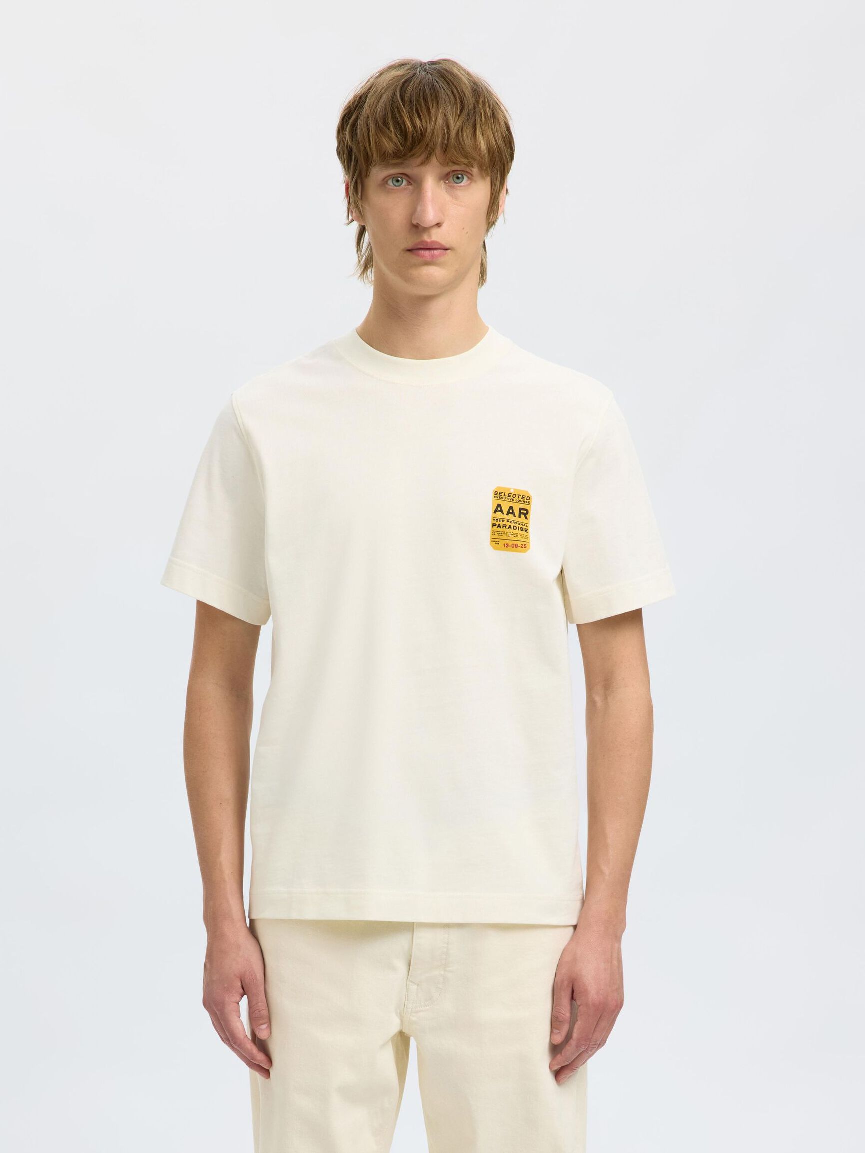 REGULAR FIT PRINTED CREWNECK T-SHIRT, Egret, highres